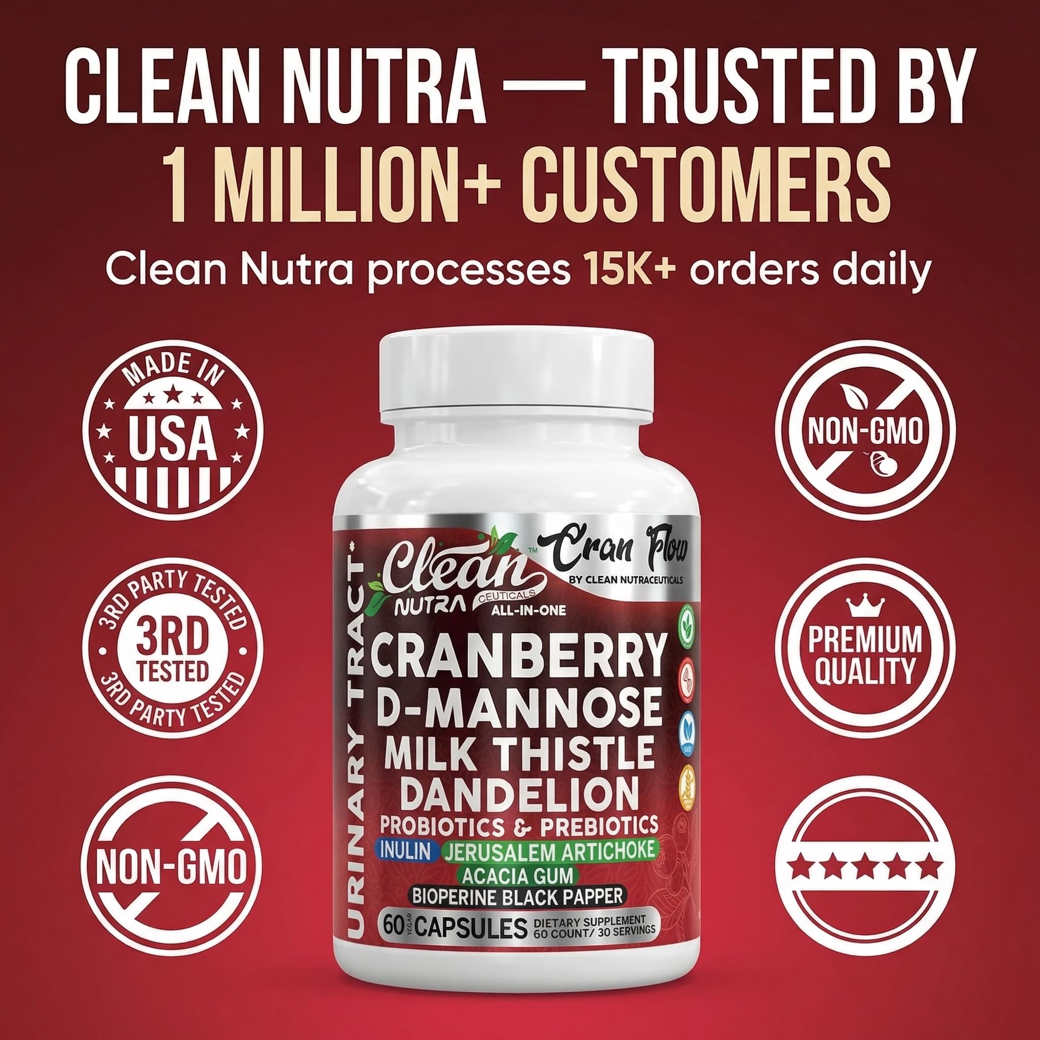Cran Flow Cranberry Pills for Urinary Health D-Mannose Milk Thistle Dandelion Inulin Vitamin C Prebiotics and Probiotics Bladder Support By Clean Nutra Clean Nutraceuticals buy supplements canada