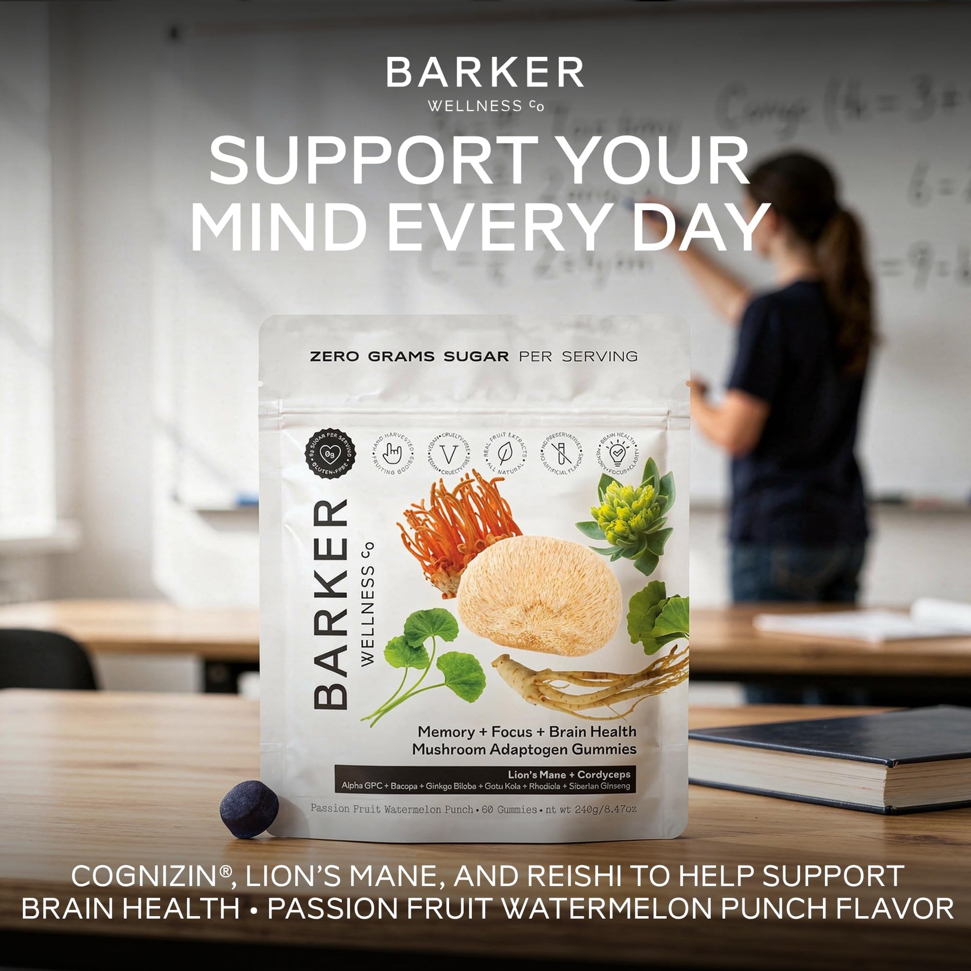 Barker Wellness Mushroom Adaptogen Gummies for Memory & Focus, Brain Health Supplement with Lion's Mane, Cordyceps, Cognizin, Vegan, Sugar-Free Passion Fruit Watermelon Flavor- 60 Count Barker Wellness Co buy supplements canada