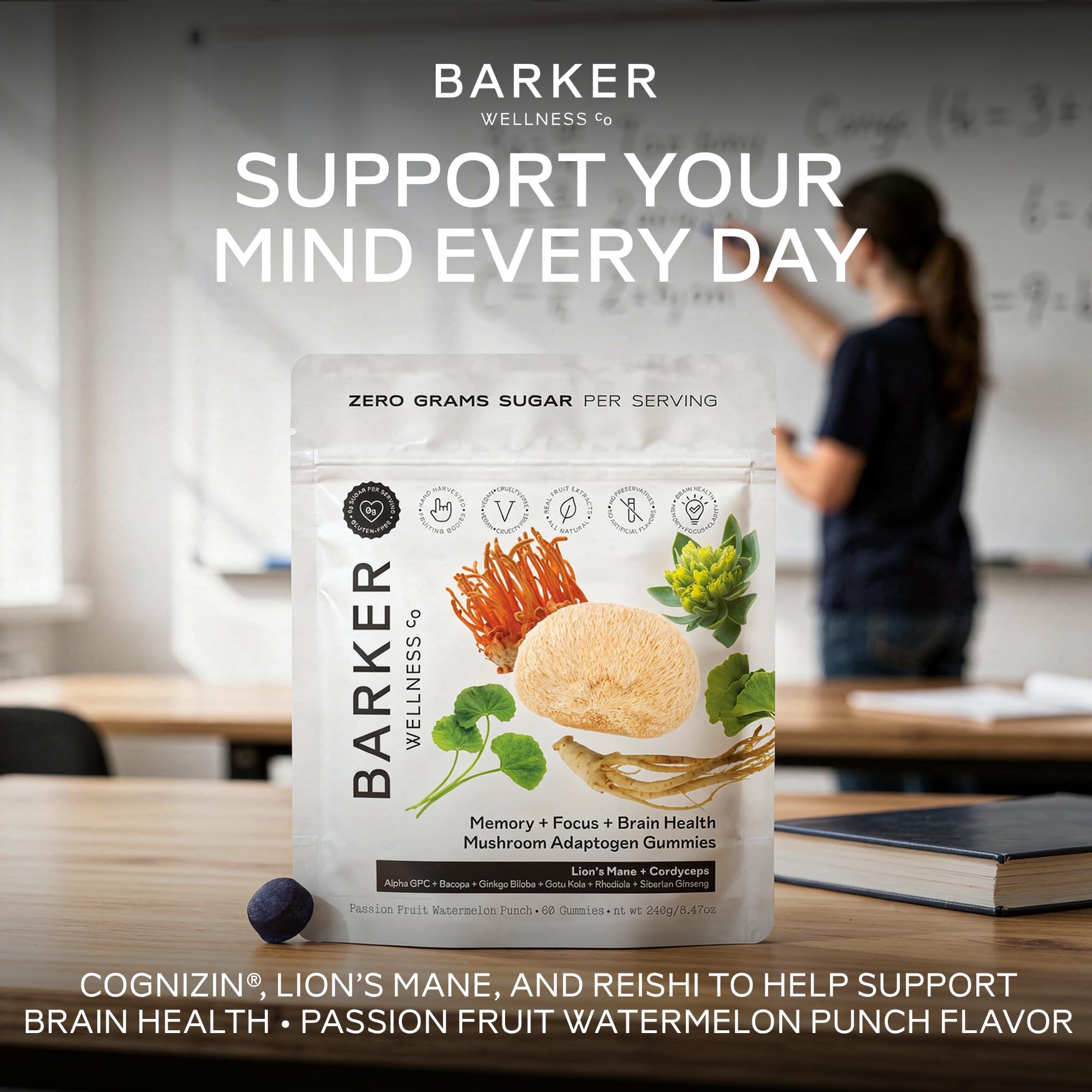 Barker Wellness Mushroom Adaptogen Gummies for Memory & Focus, Brain Health Supplement with Lion's Mane, Cordyceps, Cognizin, Vegan, Sugar-Free Passion Fruit Watermelon Flavor- 60 Count Barker Wellness Co buy supplements canada