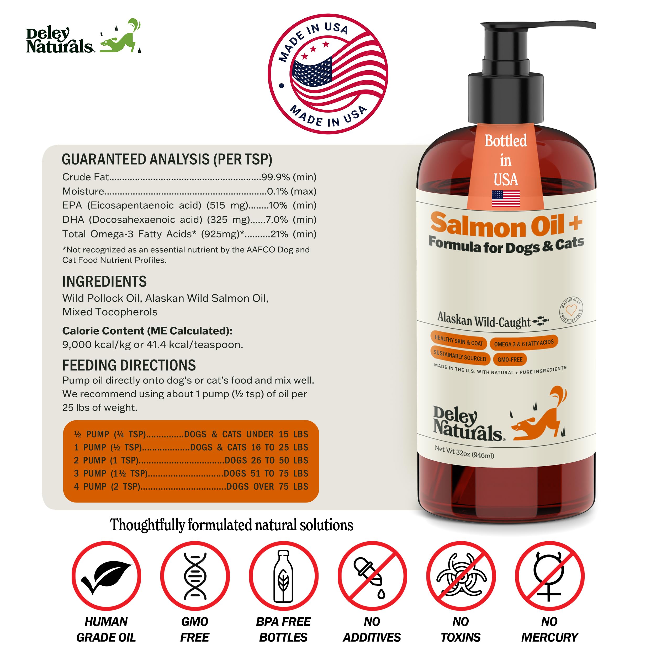 Deley Naturals Wild Alaskan Salmon Oil for Dogs & Cats - New and Improved Salmon Oil Plus Formula - Fish Oil for Dogs with Omega 3, DHA and EPA - Omega 3 for Healthy Skin and Coat - 32oz Made in USA Deley Naturals buy supplements canada