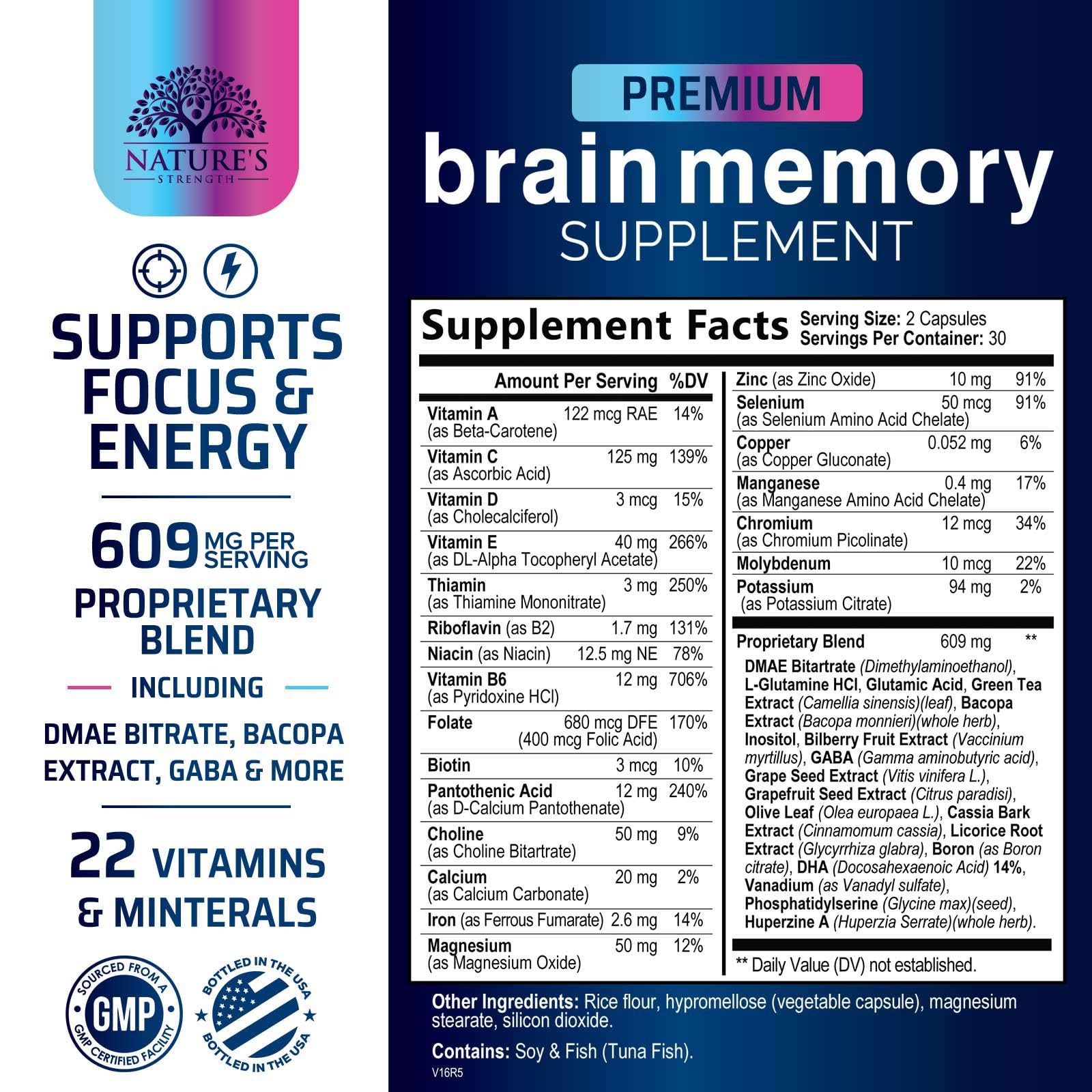 Brain Memory Supplement Pills - 3X Strength Nootropics for Concentration, Clarity & Focus Support - Brain Health Cognitive Vitamins with Bacopa, Phosphatidylserine & DMAE, Brain Booster - 60 Capsules Nature's Strength buy supplements canada