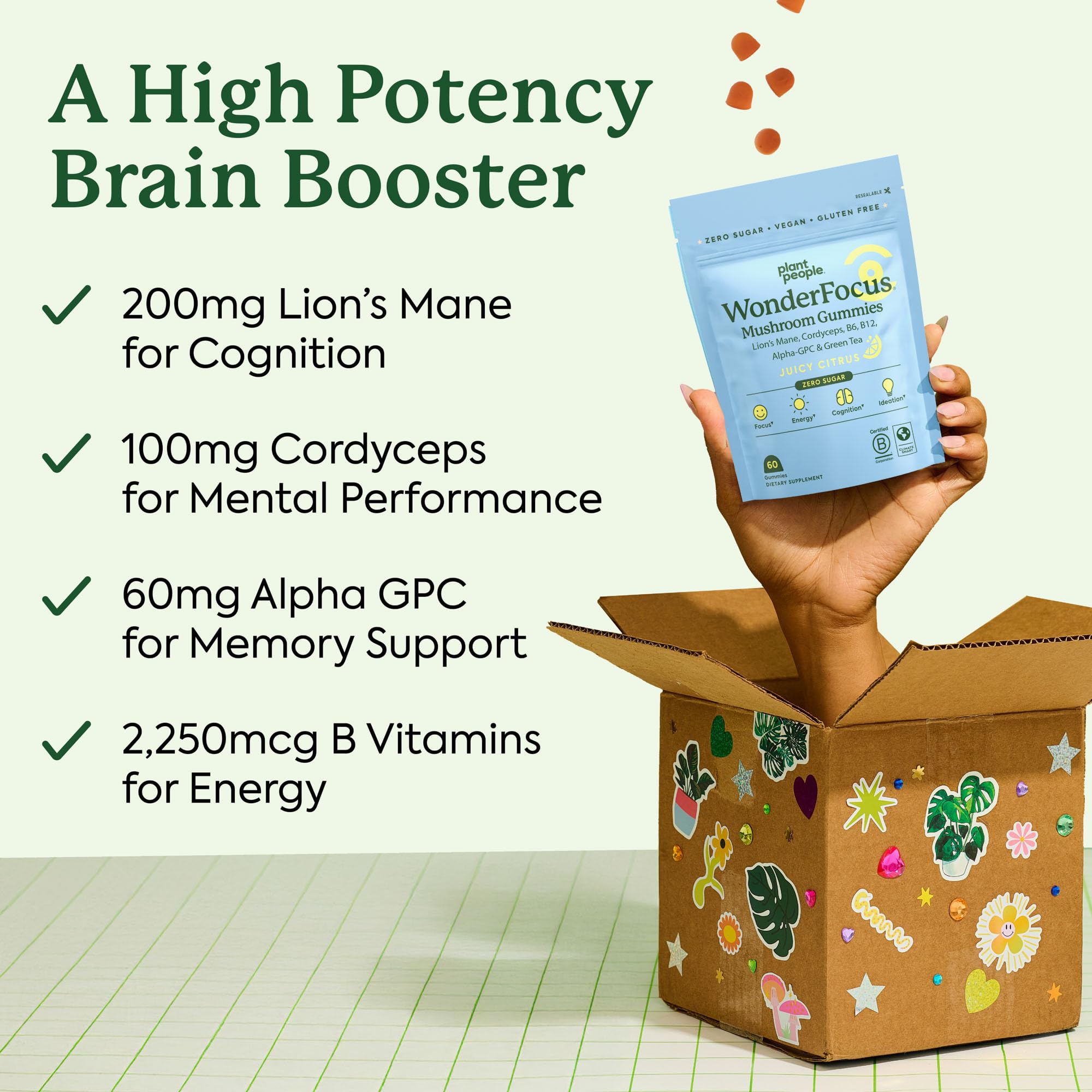 Plant People WonderFocus Mushroom Gummies with Lion’s Mane & Cordyceps - Nootropic Brain Supplement Boosts Memory, Focus, Energy & Mood in Adults | No Sugar, 100% Vegan, Citrus Flavor, 60 Count Plant People buy supplements canada