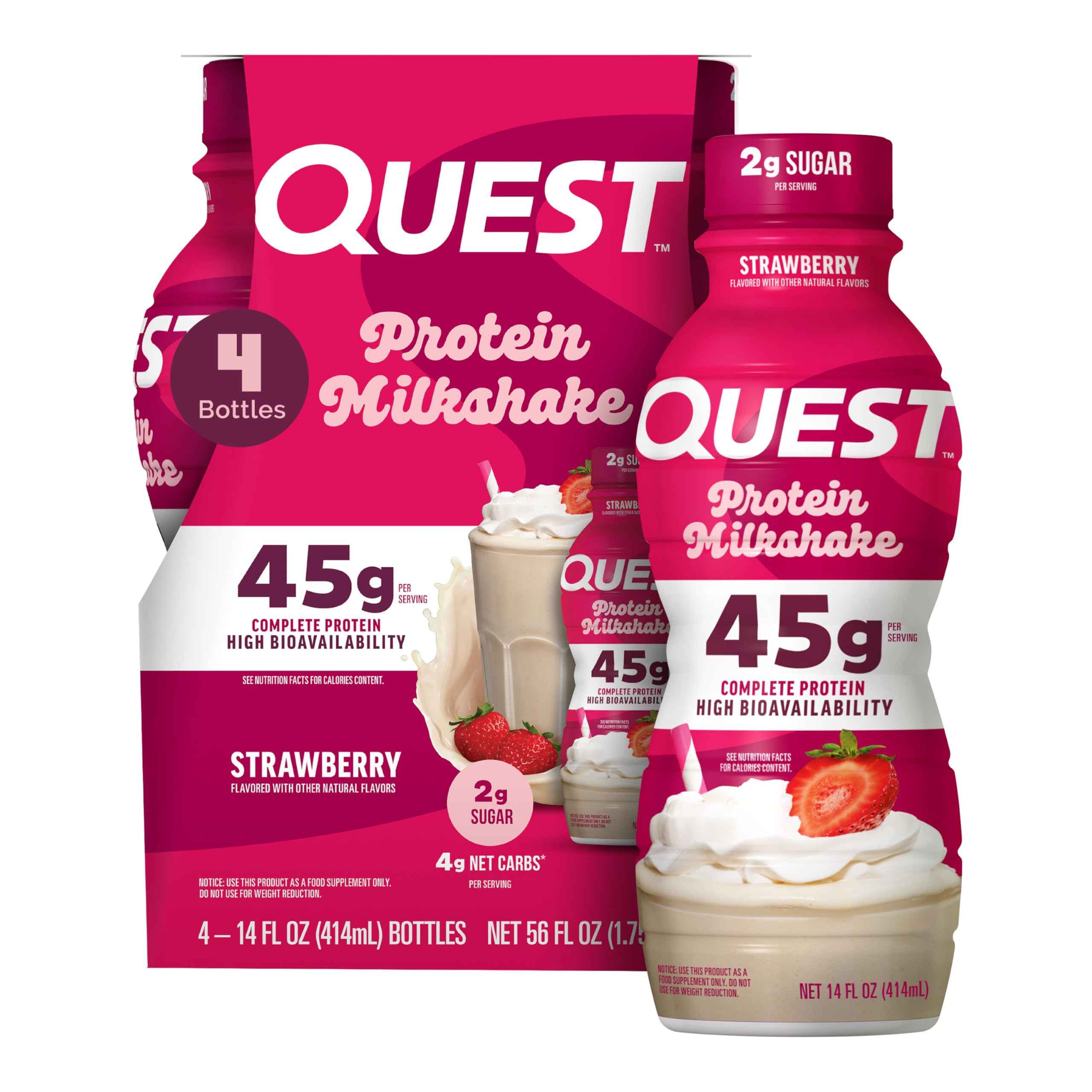 Quest Nutrition Strawberry Protein Shake, 45g Protein, 2g Sugar, 4g Net Carbs, Ready to Drink, Gluten Free, 4 Count Quest buy supplements canada