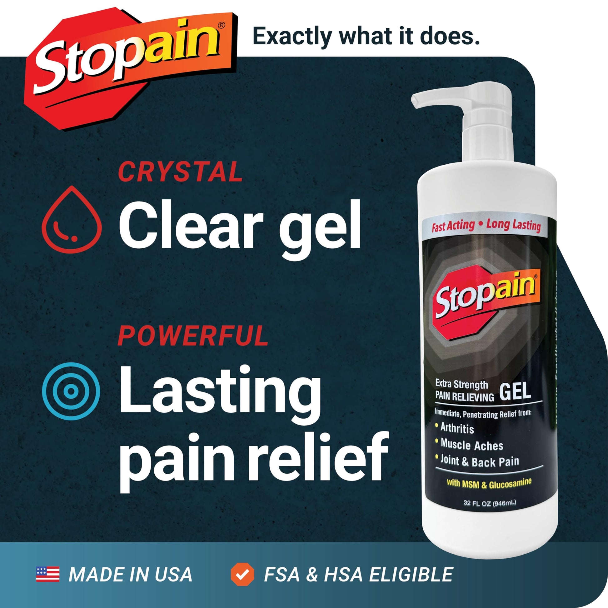Stopain Pain Relief Gel 32oz, USA Made, Max Strength Fast Acting with Menthol, MSM, Glucosamine for Joint Pain, Back Pain, Arthritis, Knee, Neck Pain, HSA FSA Approved OTC Topical Analgesic Product Stopain buy supplements canada
