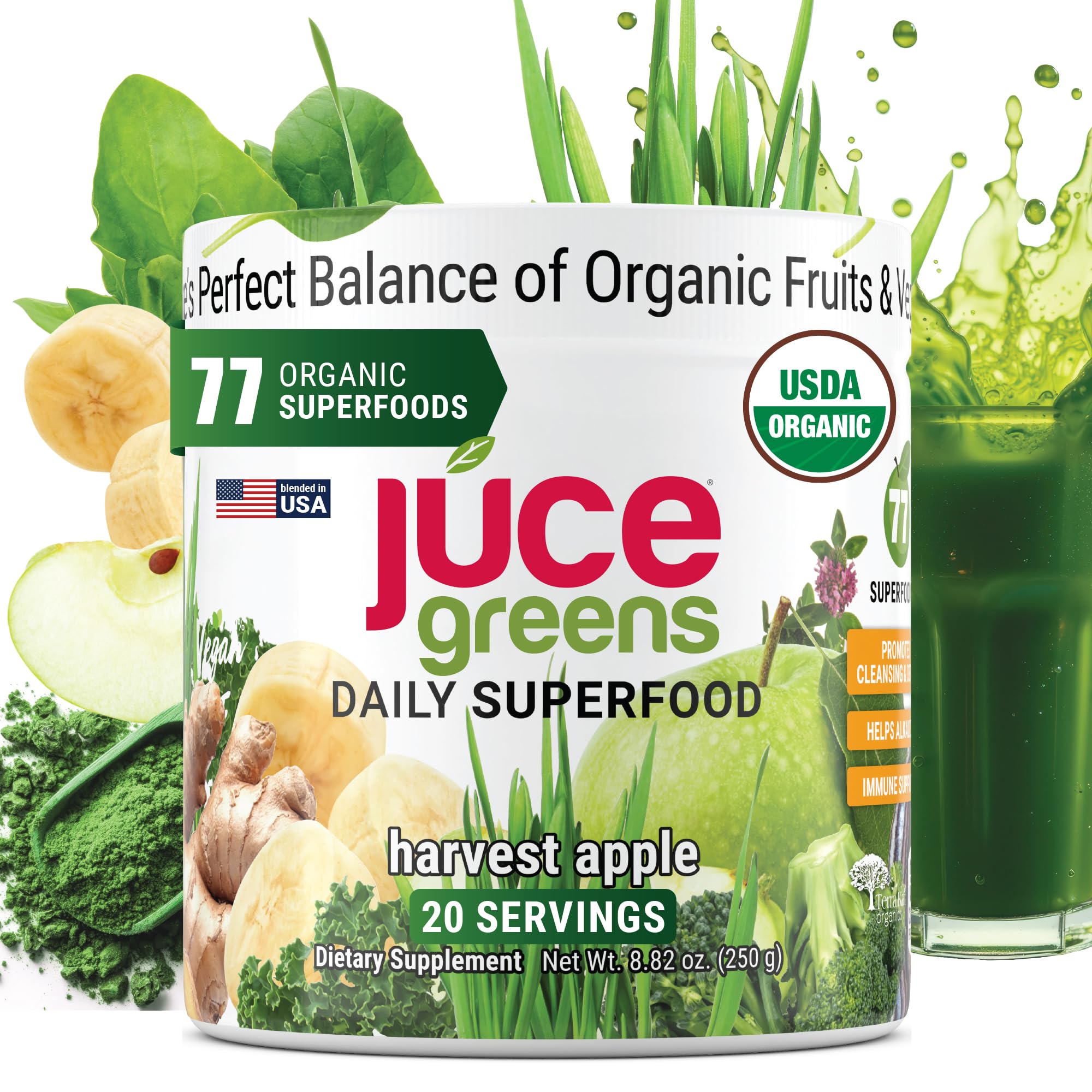 Terra Kai Organics JUCE Green Superfood Powder, Organic Fruits and Veggies Supplement W/ 77 Superfoods Plus Prebiotic Probiotic Blend, Harvest Apple Flavor - 20 Servings (250 g) Terra Kai Organics buy supplements canada