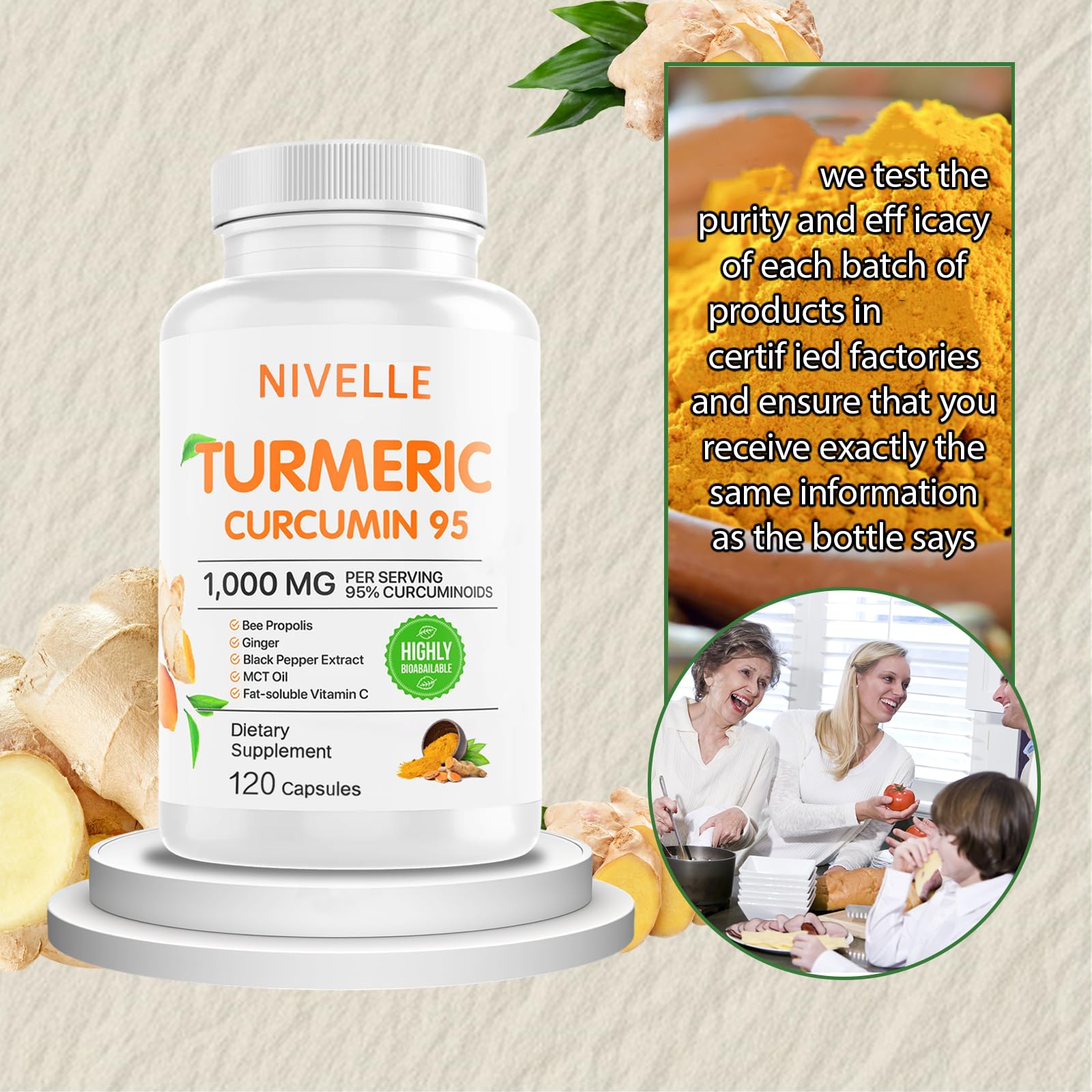 NIVELLE Turmeric Curcumin | Pure Turmeric Curcumin Supplement 1000mg | 95% Curcuminoids with Bee Propolis, Ginger, MCT Oil, Fat Soluble Vitamin C, & Black Pepper | 120 Capsules (1) NIVELLE buy supplements canada