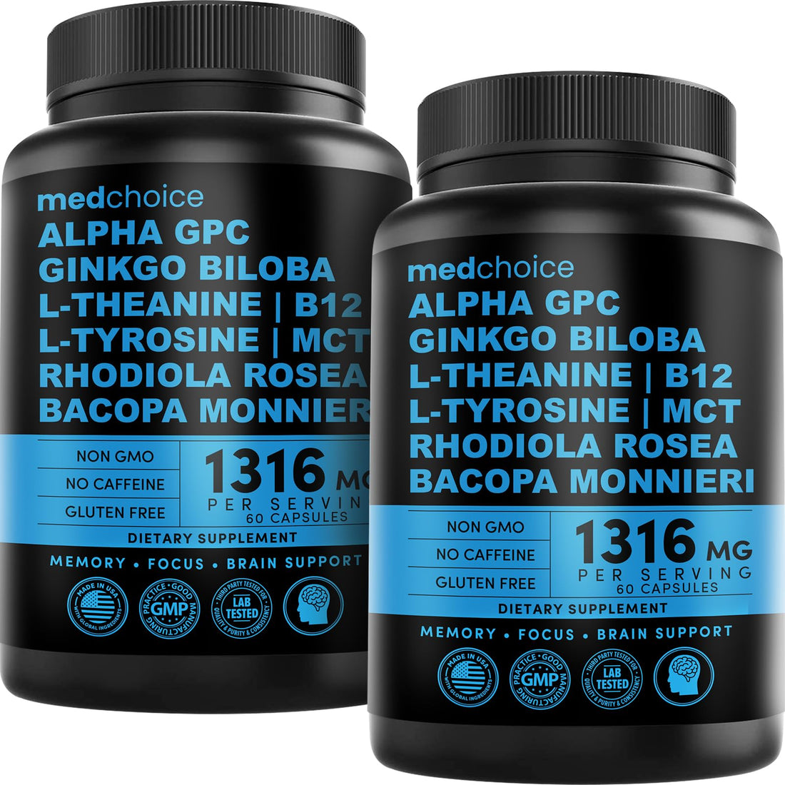 12-in-1 Nootropic Brain Supplement Anhydrous: Ginkgo Biloba for Brain Support, Memory and Focus - B12, Alpha GPC, L Theanine and Choline Supplements with Bioperine non Caffeinated 1321mg (120ct) MEDCHOICE buy supplements canada