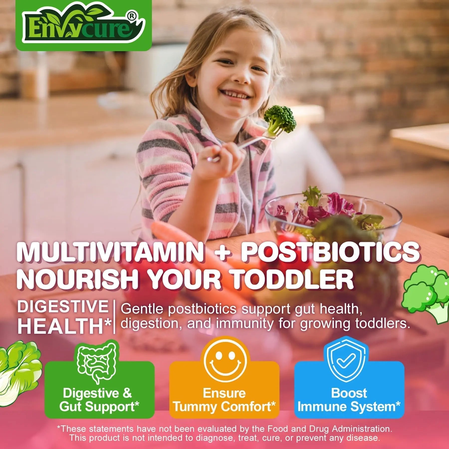 Organic Toddler Multivitamin Gummies + Omega-3 (DHA/EPA), Postbiotics | kids 2+ multivitamin | Vitamins A C D3 Methyl B12 Folate Zinc EnvyCure buy supplements canada