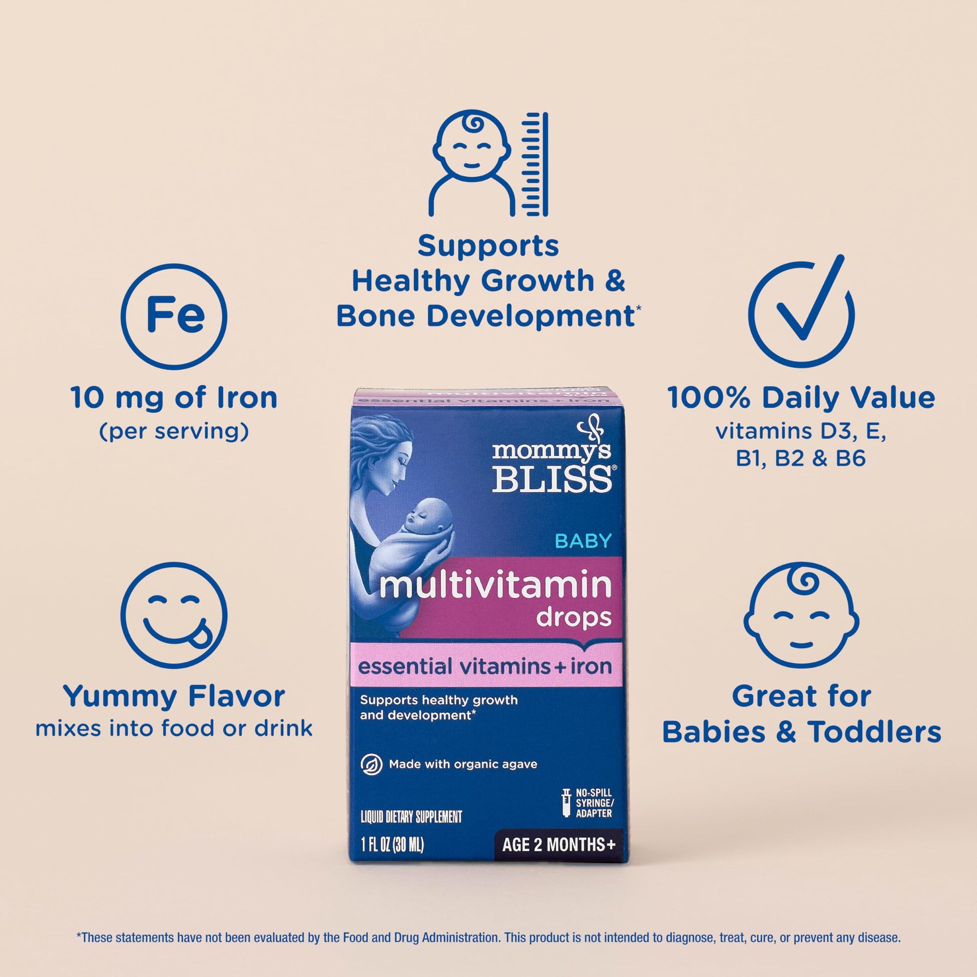 Mommy's Bliss Baby Multivitamin + Iron, Daily Essential Baby Vitamins for Immune Support, Healthy Growth & Bone Development, Age 2 Months+, 30 ml Mommy's Bliss buy supplements canada