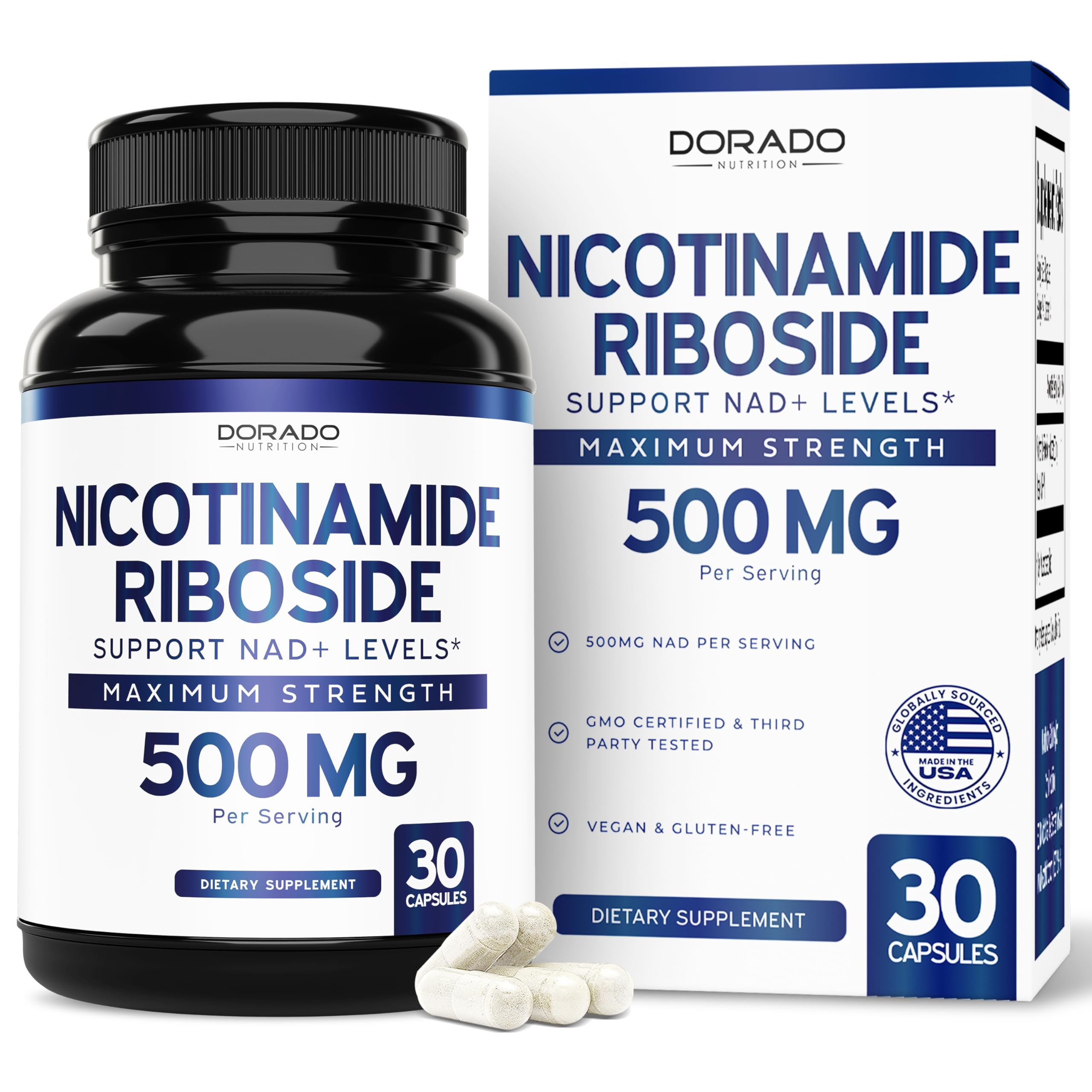 Nicotinamide Riboside 500mg (30 Count) NAD Supplement - NR Supplement For Women & Men to Support NAD+ Levels - NAD Booster - Third Party Tested - Vegan Safe, Non GMO & USA Made (30 Capsules) DORADO NUTRITION buy supplements canada