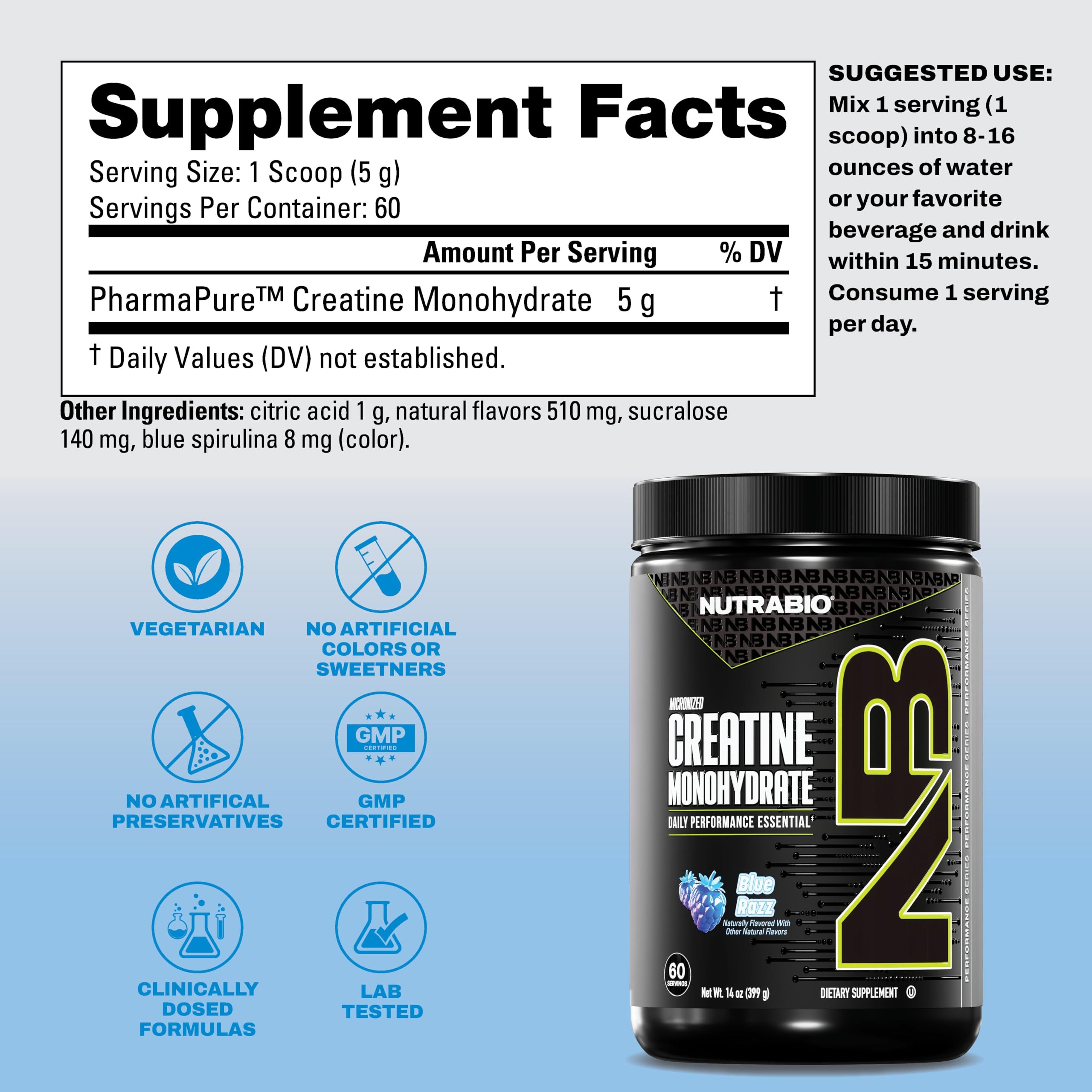 NutraBio Pure Micronized Creatine Monohydrate Powder Supplement, Blue Razz (300 g) - Supports Bulk Muscle Energy, Recovery, and Strength - HPLC Tested Creatine Powder Supplement for Men and Women NutraBio buy supplements canada