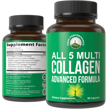Peak Performance All 5 Multi-Collagen Capsules - 90 Pills of Grass Fed Peptides Protein - Supplement with All 5 Collagen Types I, II, III,V, X from Beef, Fish, Eggshell, and Chicken Bone Broth Peak Performance buy supplements canada