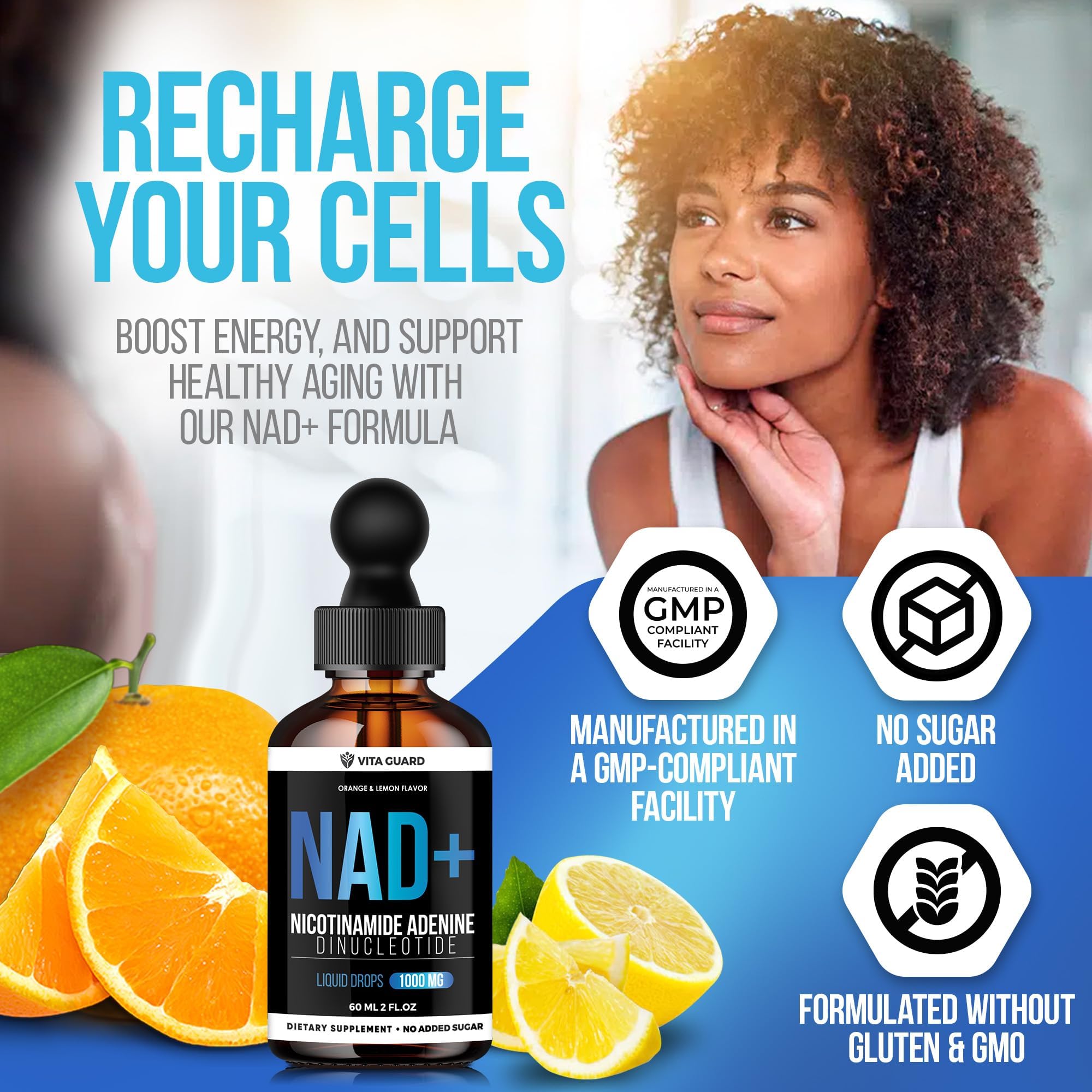 Vita Guard Pure NAD+ Supplements 1000mg Liquid Drops for Women & Man | Nicotinamide Adenine Similar to Nicotinamide Riboside NAD Plus Boosting Supplement - Natural Lemon & Orange Flavor Vita Guard buy supplements canada