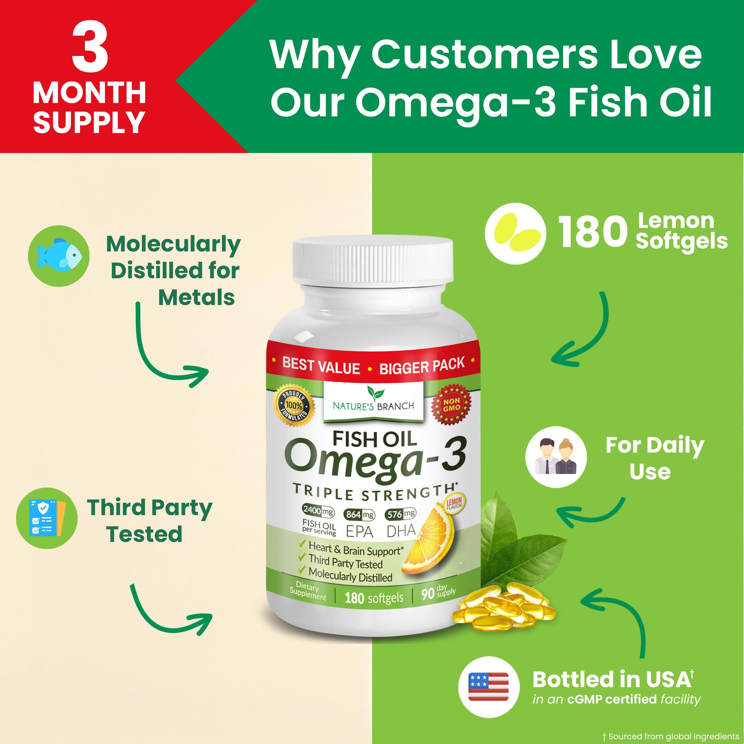 Triple Strength Omega 3 Fish Oil Supplements 2400mg | 180 Capsules, Burpless High Potency Lemon Flavor, High EPA DHA for Men & Women Ultra Pure Softgels NATURE'S BRANCH buy supplements canada