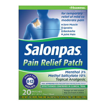 Salonpas Pain Relief Patch, 20 Count (Pack of 1), Up to 12 Hours Temporary Relief of Mild to Moderate Pain, Backache, Sore Muscle, Sprains, Bruises Salonpas buy supplements canada