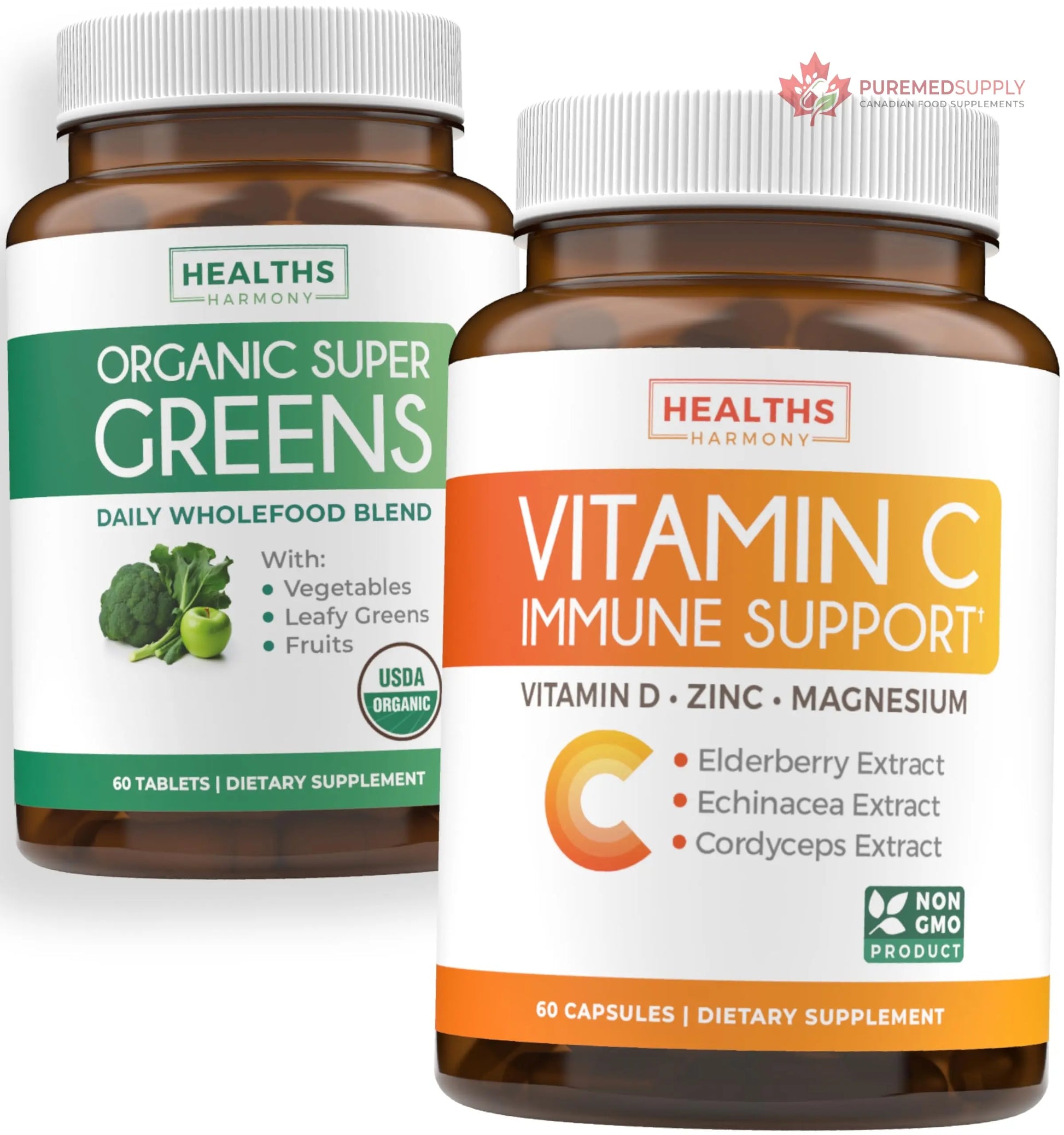 Super Greens & Vitamin C (1-Month Supply) Greens & C Synergy Bundle of Organic Super Greens Powder - Complete Superfood (60 Capsules) & & Vitamin C Immune Support (60 Vegetarian Caps)(Non-GMO) Healths Harmony buy supplements canada