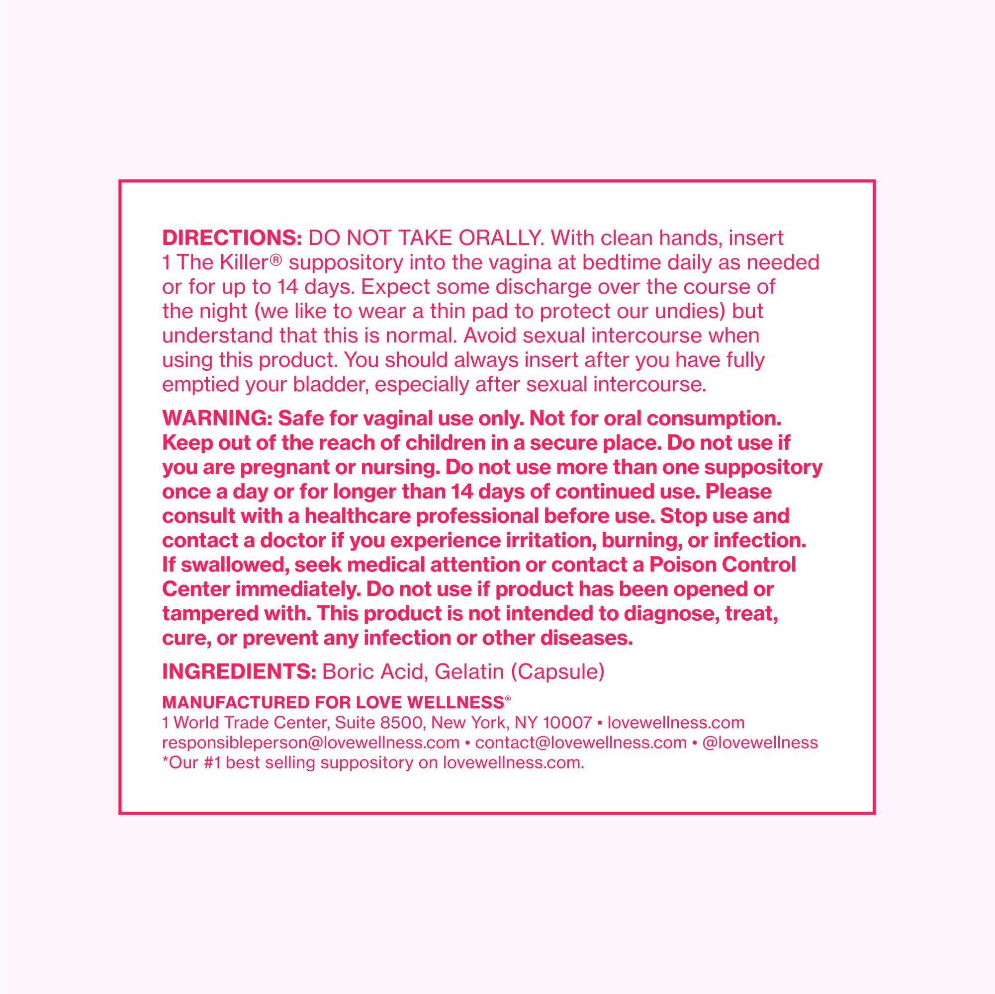 Love Wellness The Killer | 600mg Boric Acid Vaginal Suppositories | Balances pH & Supports Odor Control, a Healthy Vaginal Balance | Fast-Acting & Fragrance-Free | Gentle & Effective | 28 Ct Love Wellness buy supplements canada