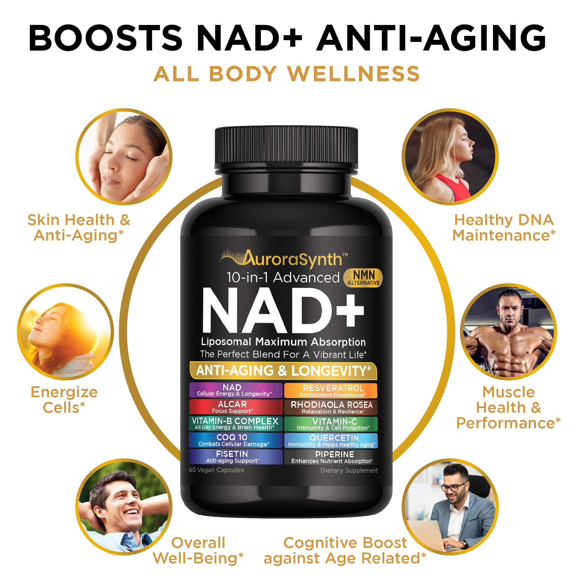 NAD+ Supplement Liposomal Capsules - Max Absorption for Cellular Energy, Healthy Aging, Brain Function & DNA Health - Vegan, Non-GMO, Gluten-Free Supplement - 60 Capsules - Supports NAD Levels AuroraSynth buy supplements canada