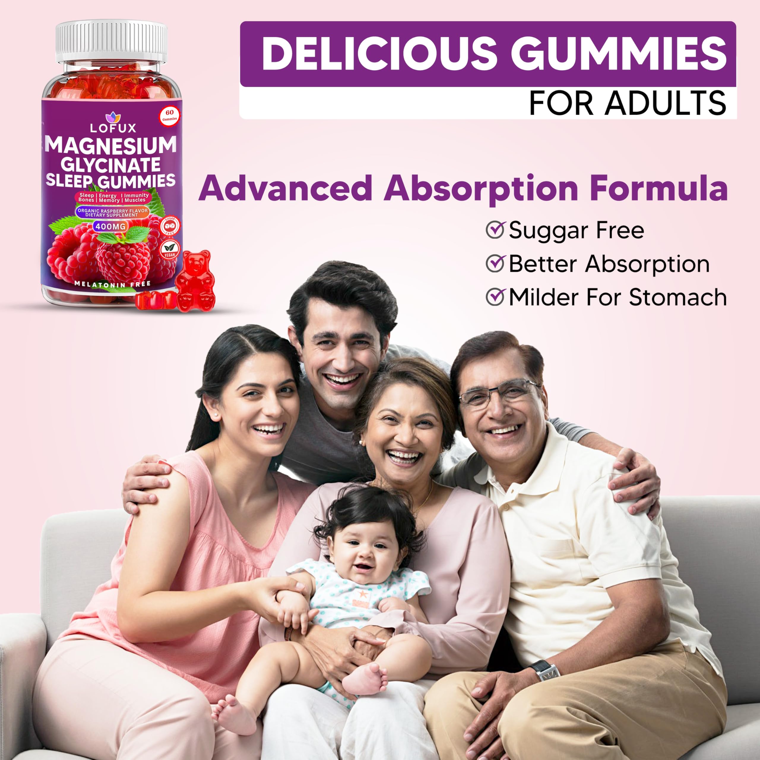 Lofux Magnesium Glycinate Gummies 400mg, Sugar Free Magnesium Gummies for Adults Women, Men, Chewable Supplement Gummy with L-Threonate, Vitamin D, B6, CoQ10 - for Calm, Sleep, Body Relaxation, 120 Ct Lofux buy supplements canada