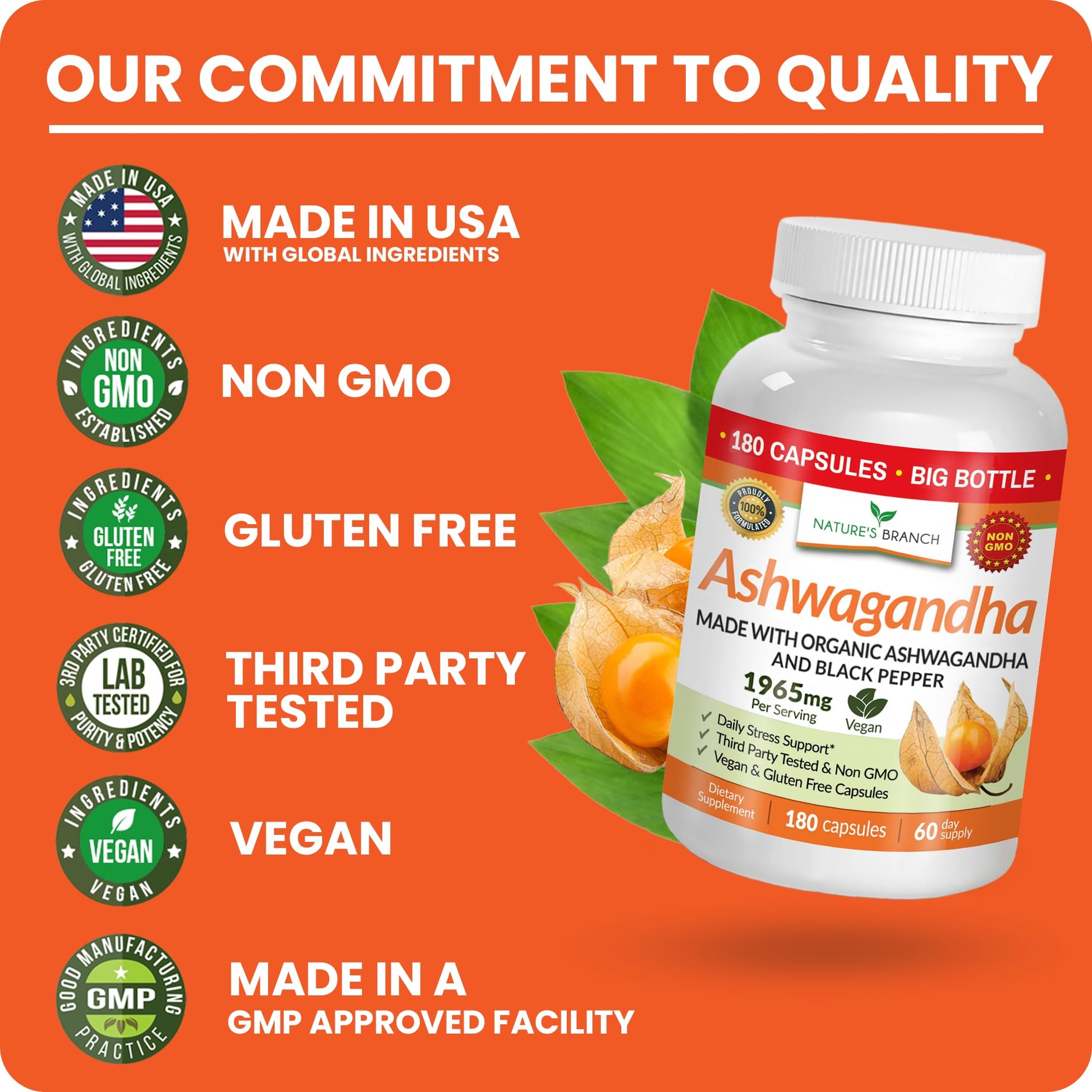 UDAF Certified Organic Ashwagandha with Black Pepper, 1965mg - Extra Strength for Stress, Sleep, Mood, Thyroid, Energy, Hair, Vegan Pure Root Extract Powder Supplement for Men and Women | 180 Capsules NATURE'S BRANCH buy supplements canada