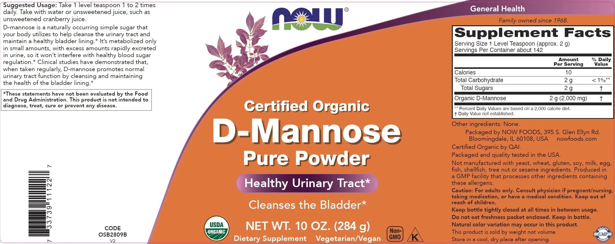 NOW Foods Pure, Organic D-Mannose 10 oz Powder (Pack of 2) - Bladder Cleanse and Urinary Tract Health Supplement - Non-GMO - Vegan Friendly - 2000mg / 2 Grams per Serving NOW Foods buy supplements canada