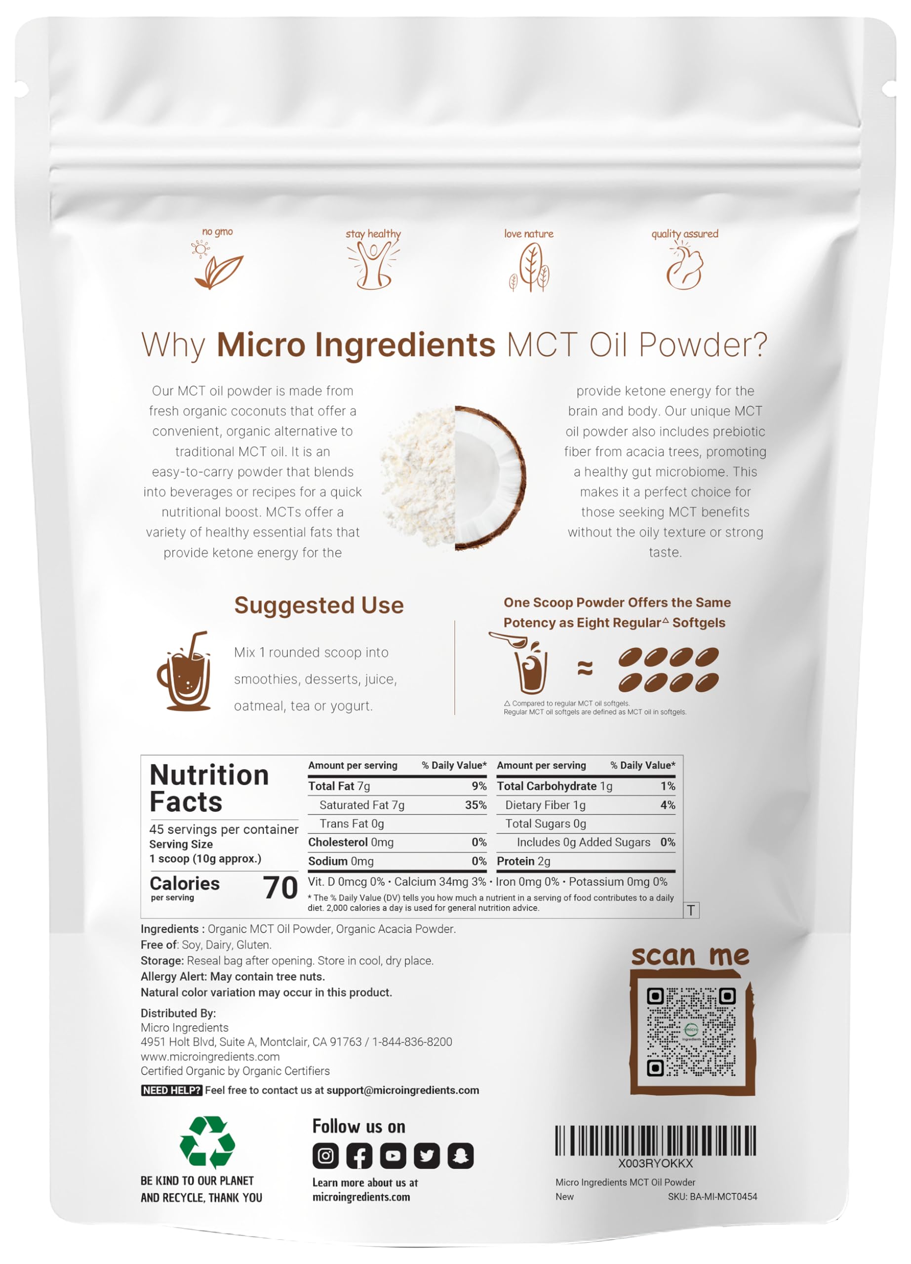 Organic MCT Oil Powder with Prebiotic Fiber,1 Pound(16 Ounce), Fast Fuel for Body and Brain Micro Ingredients buy supplements canada