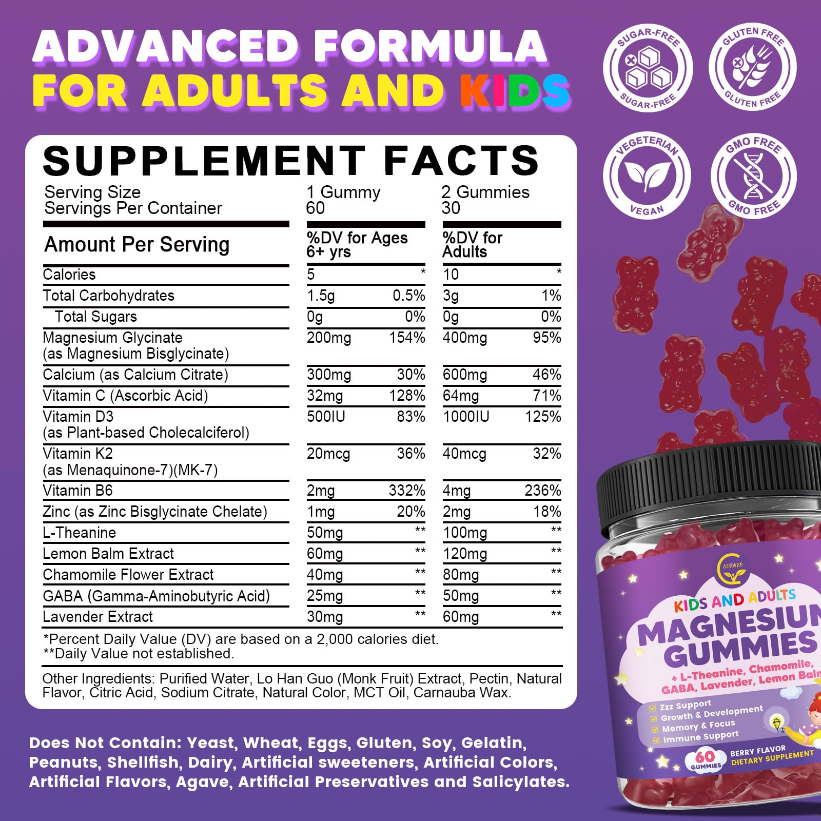 Magnesium Glycinate Gummies 400/200mg for Kids & Adults, NO Melatonin Sleep Aid Magnesium Supplement Gummies with Chamomile, Lavender, L-Theanine & GABA, B6, D3 & K2 for Bone, Relax, Immune Support GORNVB buy supplements canada
