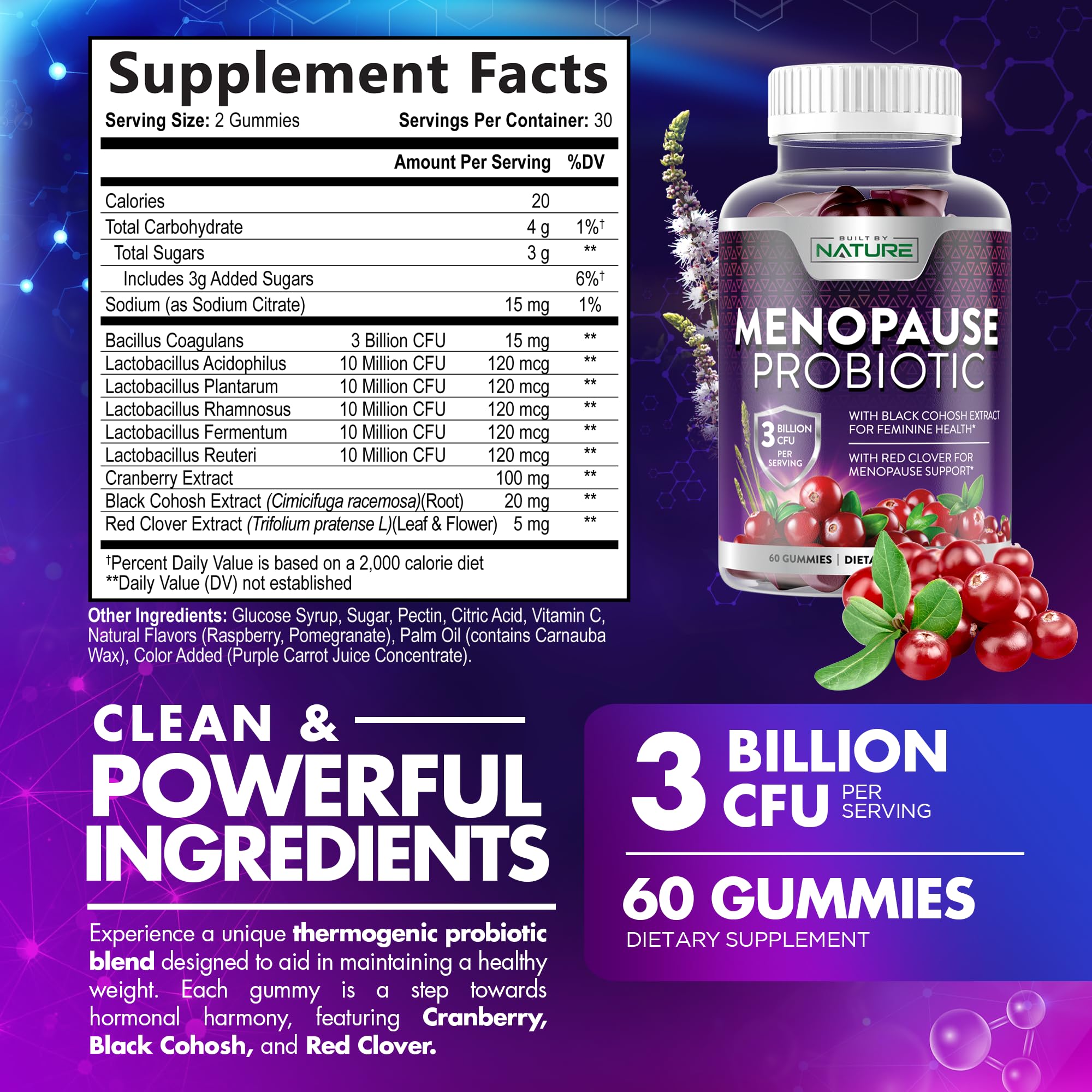 Menopause Supplements for Women - Menopause Probiotic Gummy - Women’s Menopause Relief for Hot Flashes, Night Sweats & Mood Swings with Black Cohosh & Cranberry - Non-GMO, Vegan - 60 Gummies Built by Nature buy supplements canada