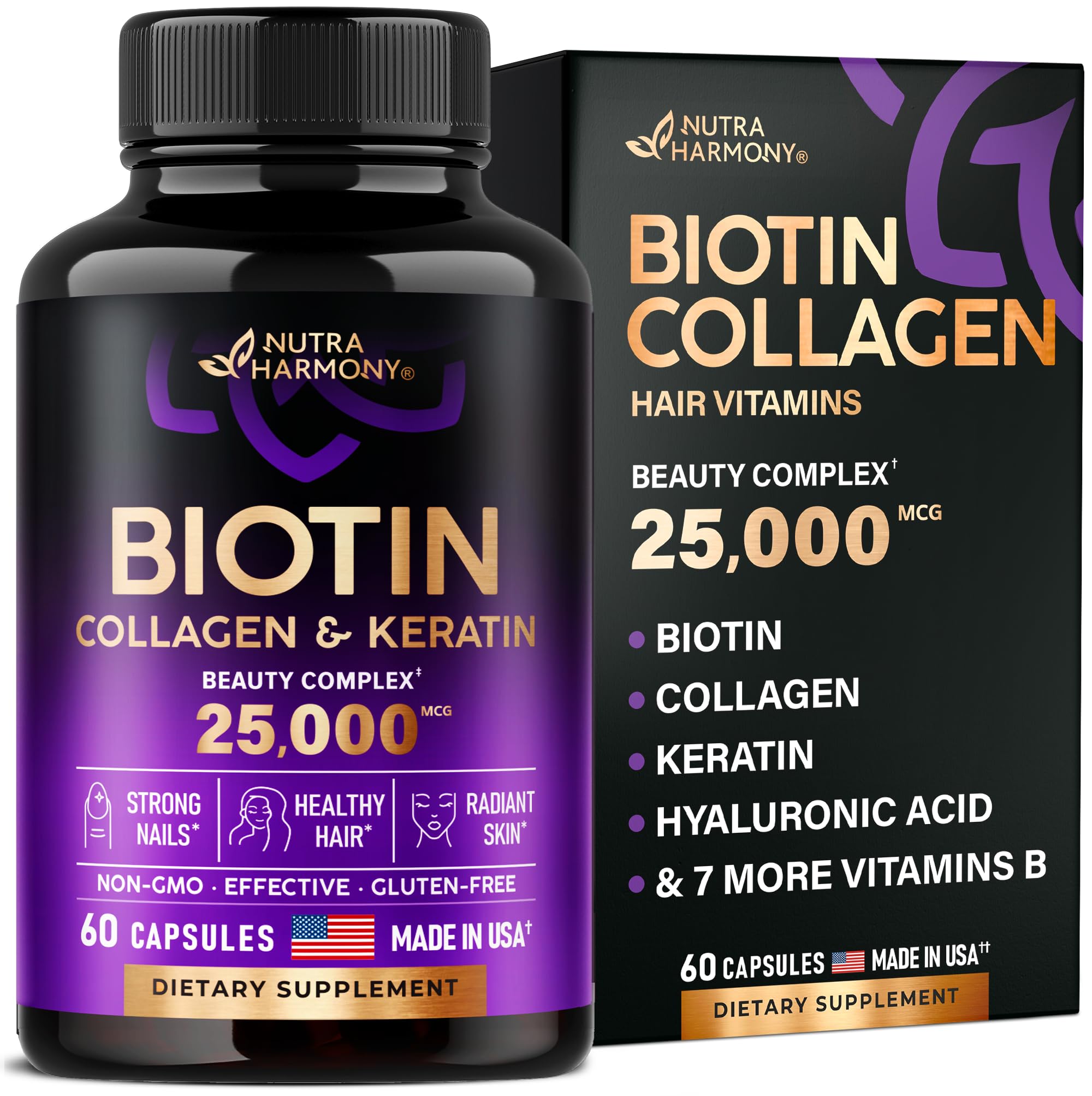 Biotin | Collagen | Keratin | Hyaluronic Acid - Hair Growth Support Pills, 25000 mcg NUTRAHARMONY buy supplements canada