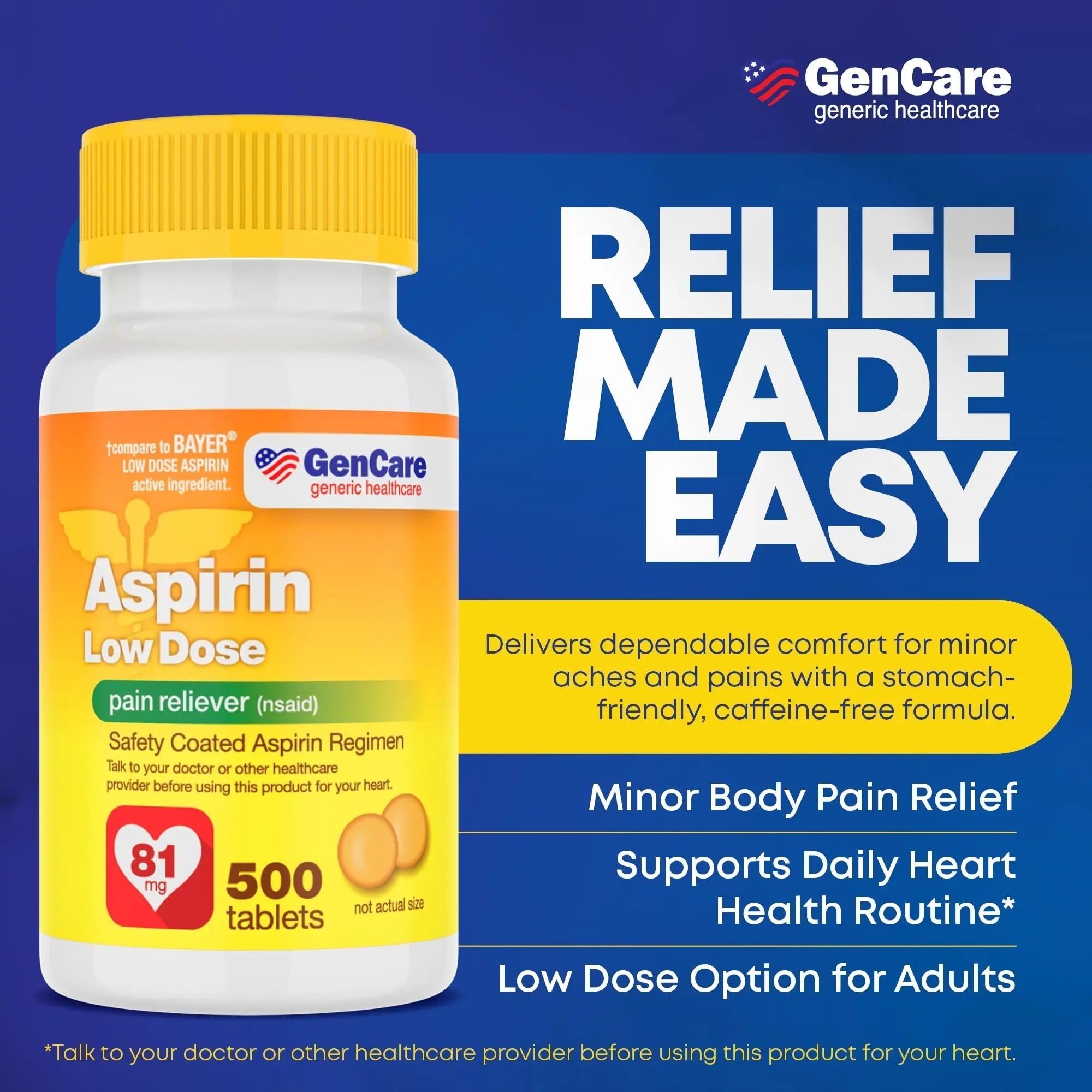 GenCare - Low Dose Aspirin 81mg for Adults Coated (NSAID) 500 Tablets | Adult Low Dose | Enteric Coated Aspirin Pills | Muscle Pain & Menstrual Pain Relief | Fever Reducer | Generic Bayer GenCare buy supplements canada