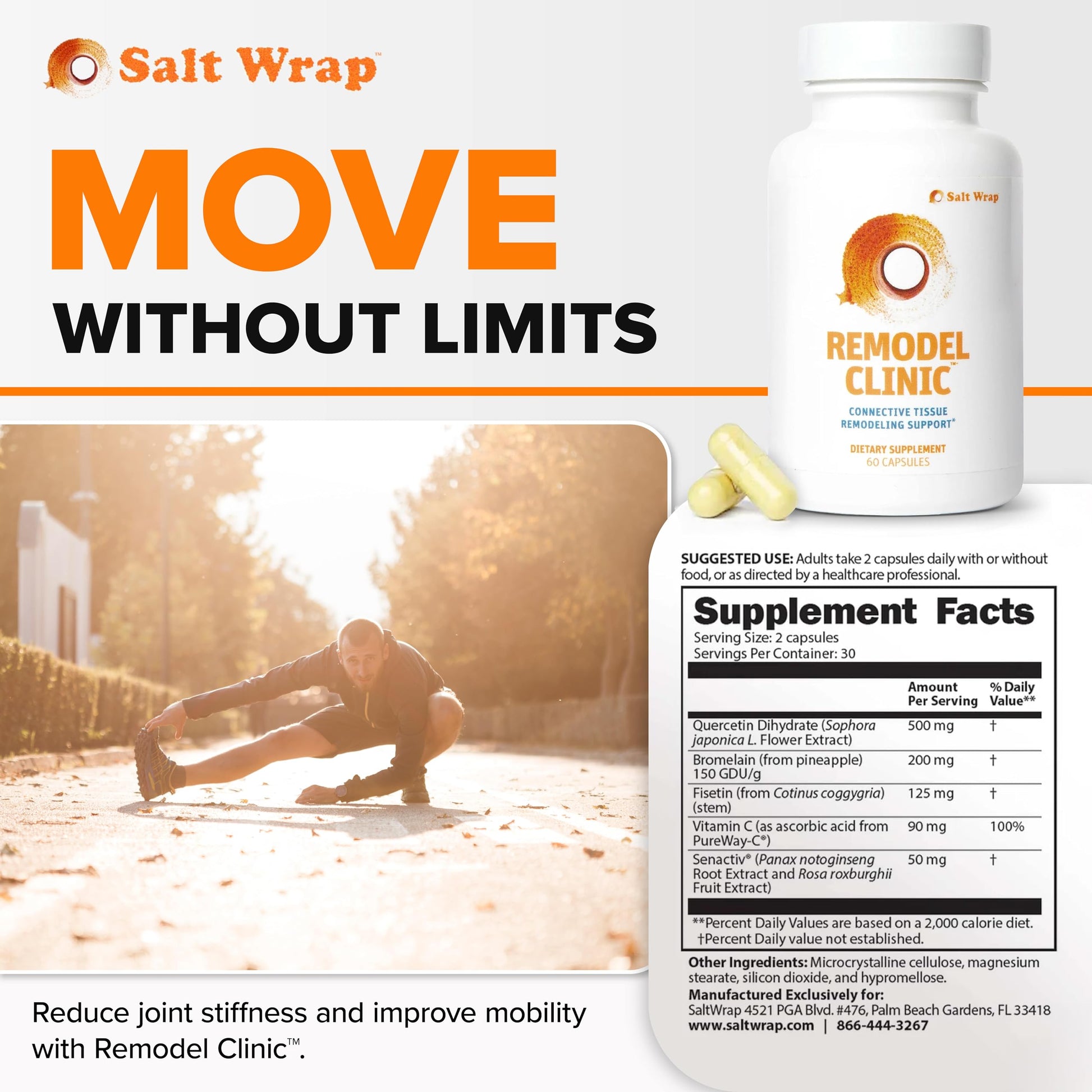 SaltWrap Remodel Clinic - Joint Remodeling Supplement for Senescent Cell Removal and Scar Tissue - Improve Mobility, Reduce Connective Tissue Stiffness - Fisetin, Quercetin, Bromelain - 60 Capsules SaltWrap buy supplements canada