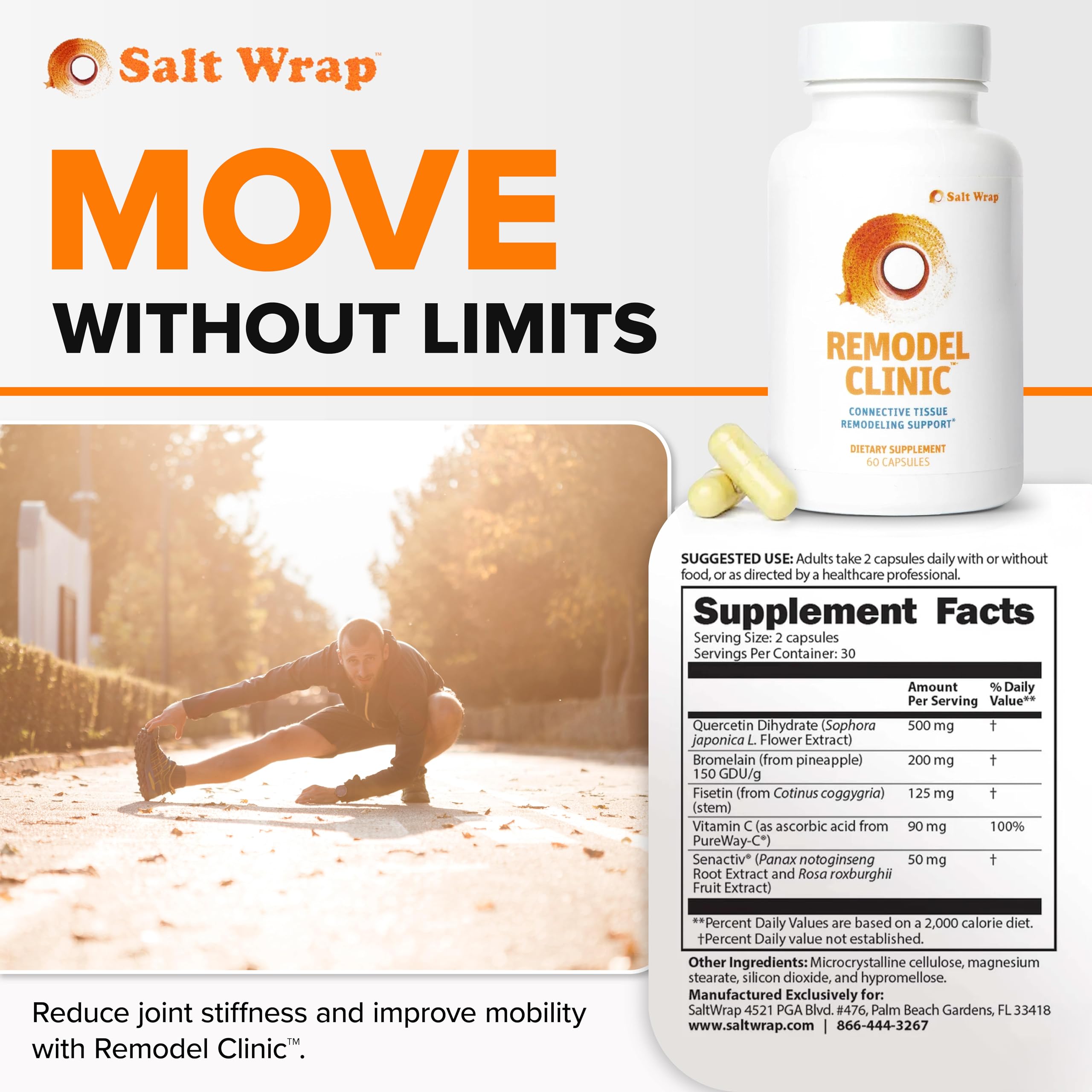 SaltWrap Remodel Clinic - Joint Remodeling Supplement for Senescent Cell Removal and Scar Tissue - Improve Mobility, Reduce Connective Tissue Stiffness - Fisetin, Quercetin, Bromelain - 60 Capsules SaltWrap buy supplements canada