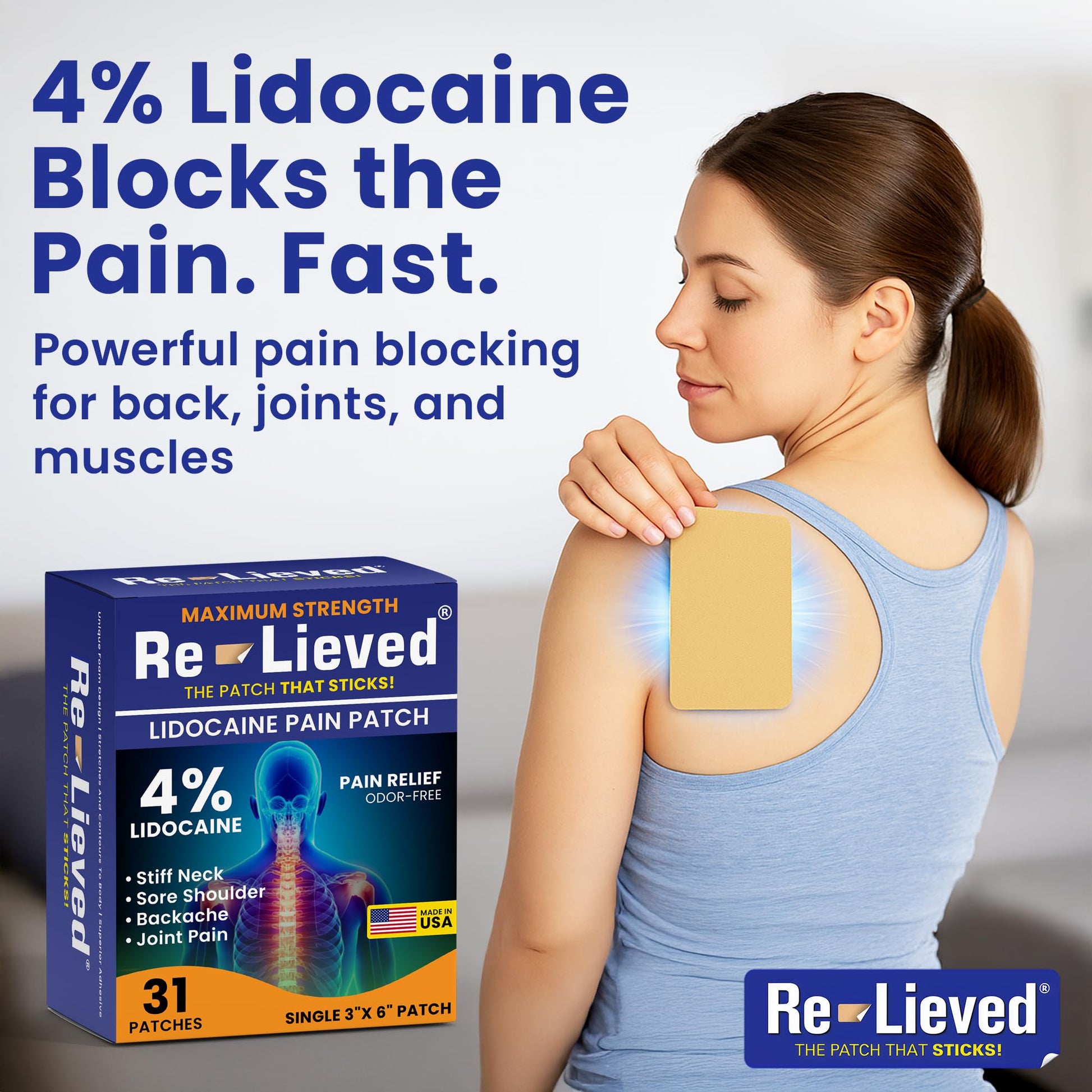 Re-Lieved 4% Lidocaine Patches Maximum Strength - Aluminum-Free, Water Resistant and USA Made -Superior Sticking Pain Relief Patches Quickly Relieves Back, Joints and Muscle Pain-3x6 Inches (31 Count) Re-lieved buy supplements canada