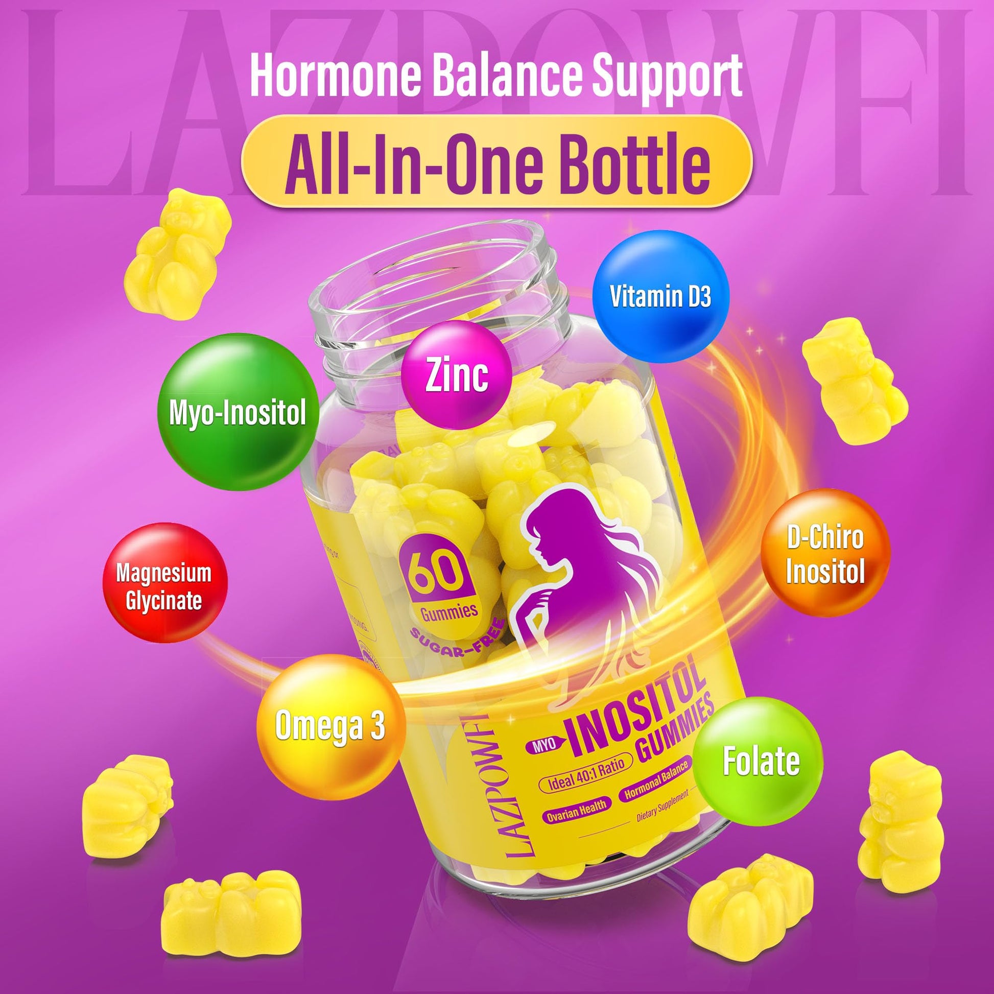 Lazpowfi Myo-Inositol & D-Chiro Inositol,Inositol Gummies with Vitamin D3, Magnesium Glycinate, Omega-3, Folate & Zinc, Inositol Supplement Menstrual Cycle for Women-40:1 Ratio-30 Day Supply Lazpowfi buy supplements canada