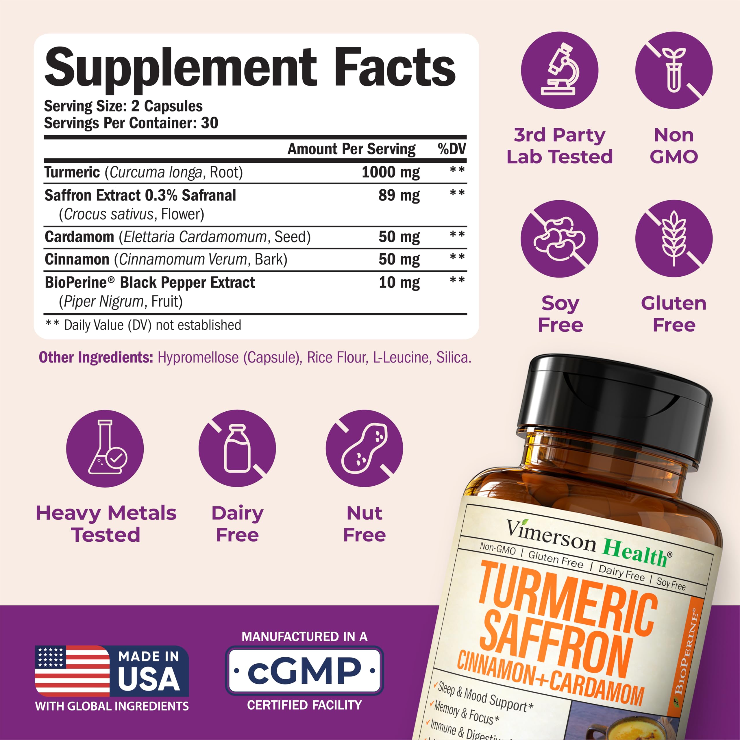 Saffron Supplements – 89mg Saffron Extract, 1000mg Turmeric Curcumin, Ceylon Cinnamon & Cardamom – Daily Mood, Joint & Metabolic Support – Joint Supplements for Women & Men – 60 Capsules Vimerson Health buy supplements canada