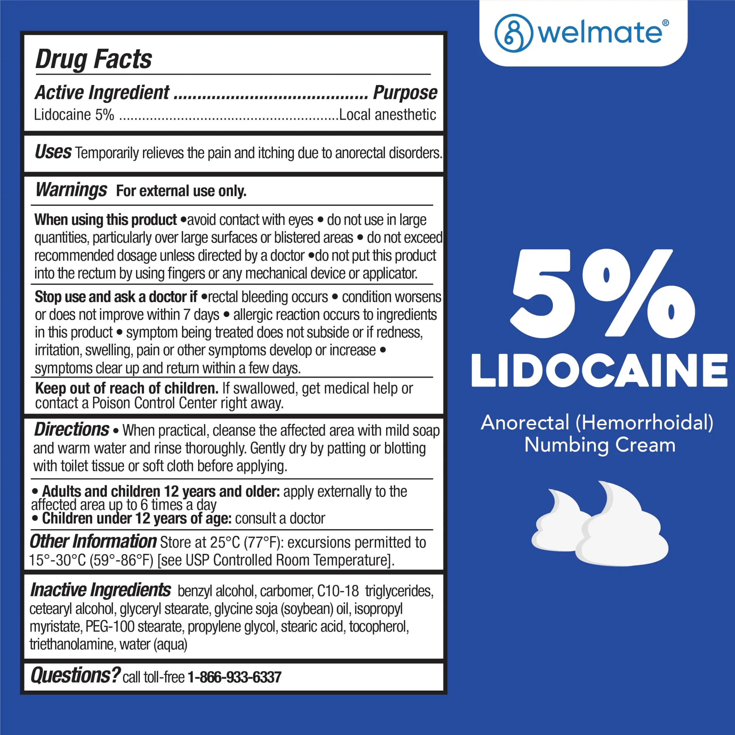 WELMATE 5% Lidocaine Cream for Hemorrhoids – Fast-Acting Lidocaine Numbing Cream & Topical Analgesic Cream for Anorectal Itch Relief, Unscented, Child Resistant Packaging 2 oz (60g) WELMATE buy supplements canada
