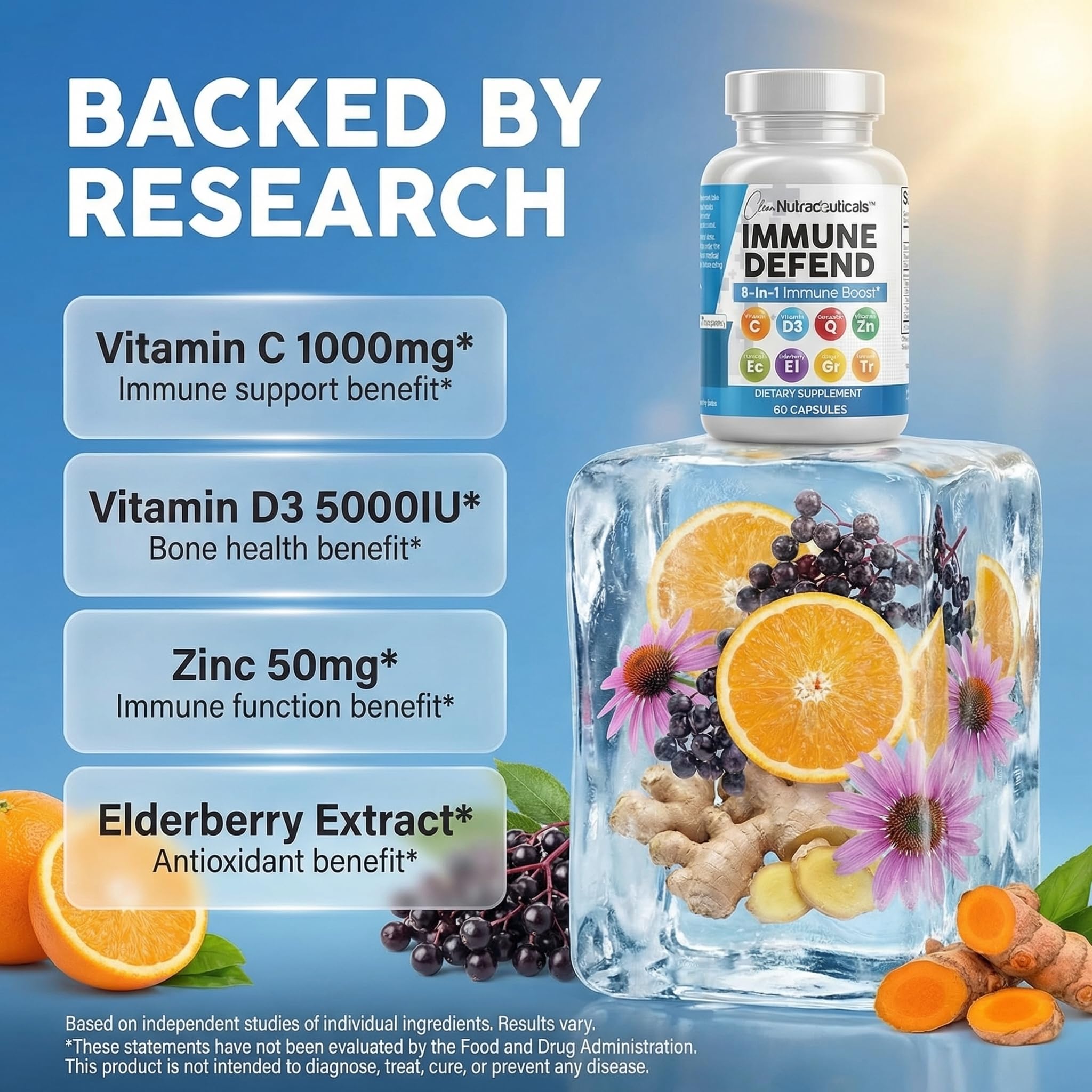 Clean Nutraceuticals Immune Defense Support Supplement 8 in 1 with Zinc 50mg Quercetin, VIT C 1000mg, Vitamin D3 5000 IU, Elderberry, Ginger Clean Nutraceuticals buy supplements canada