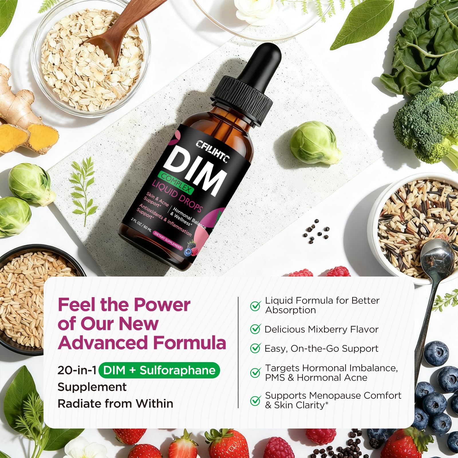 DIM Liquid Drops Supplement Women – Hormone Harmony for Women & Acne Supplements with Multivitamins, Inositol, Sulforaphane - Hormone Balance, Clear Skin & Mood Support, Mixed Berry Flavor 2 Fl Oz CFILIHTC buy supplements canada