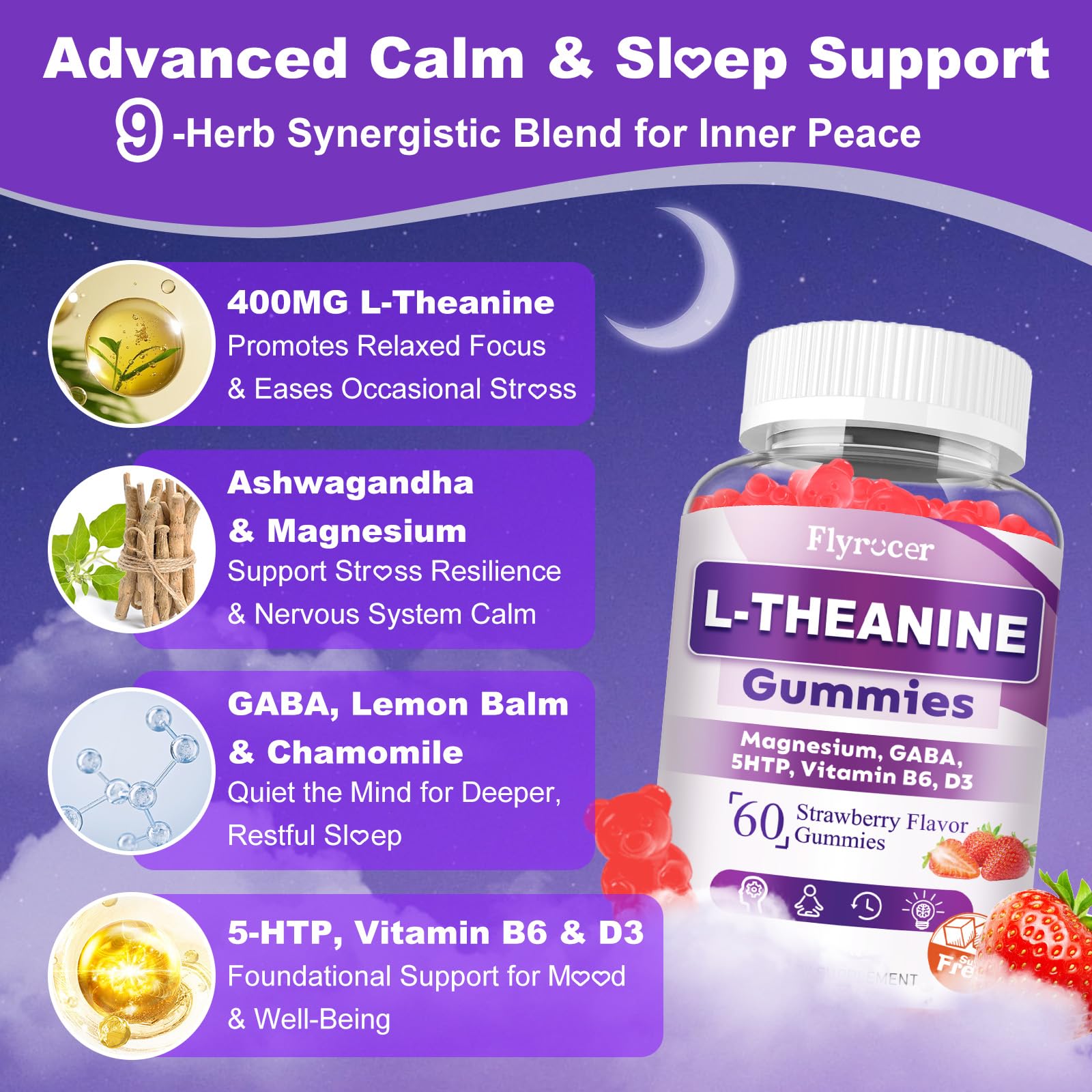 Flyrocer 2 Pack L-Theanine Gummies, L Theanine Supplement for Adults & Kids, L'Theanine with Ashwagandha, Magnesium, 5HTP & GABA - Support Calm, Relax, zzZ, Focus, Vegan Strawberry Flavor, 120 Count Flyrocer buy supplements canada