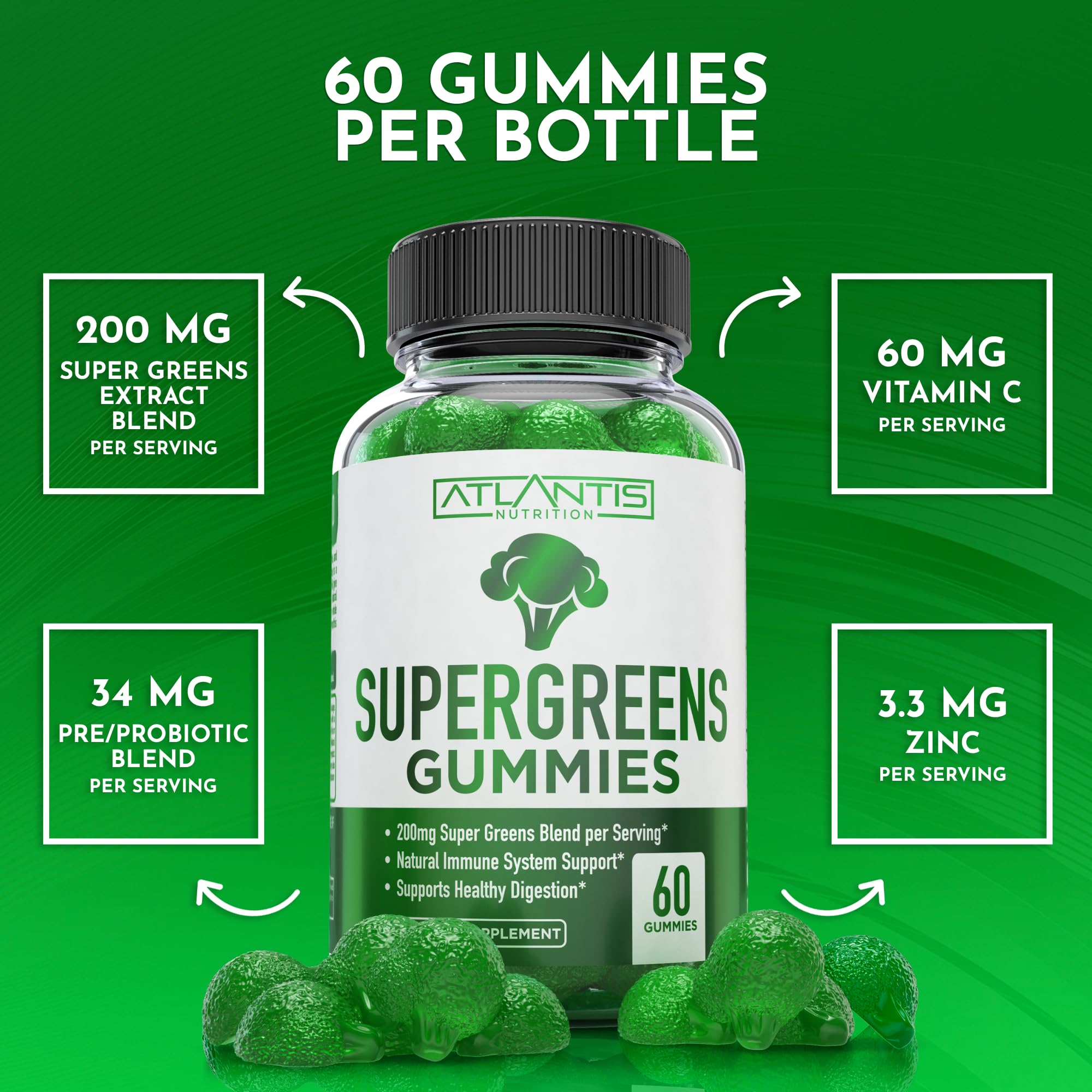 Atlantis Nutrition Supergreens Gummies - Daily Green Superfoods Supplement with Spinach, Broccoli, Moringa, Beet Root, Celery, Green Tea, & Acai for Immunity Support - Natural Raspberry Flavor, 60 cnt Atlantis Nutrition buy supplements canada