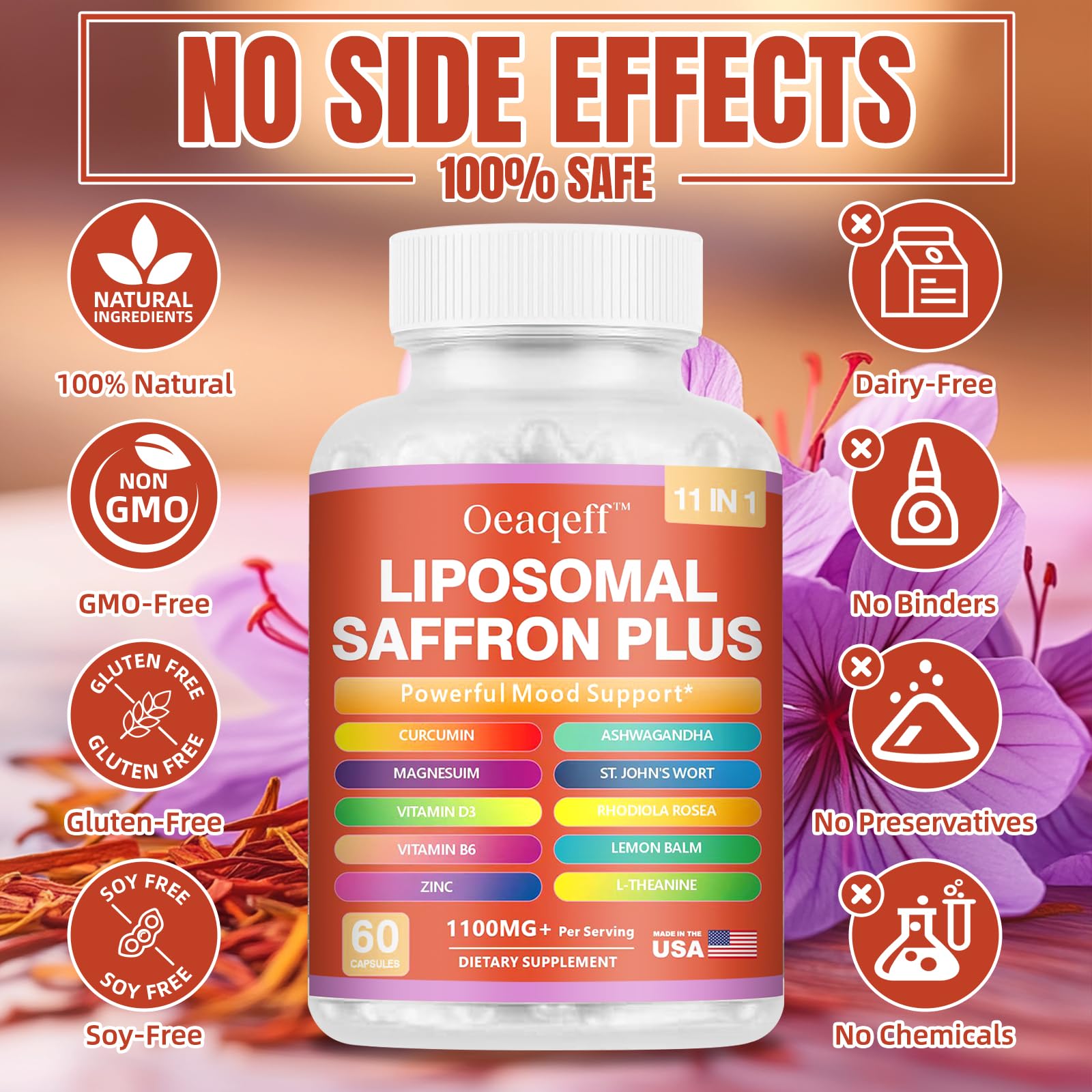 Oeaqeff Liposomal Saffron Supplements -11 in 1 100% Pure Saffron Extract 88.5 mg Maximum Absorption for Mood, Energy & Vision,Vegan, Non-GMO - 60 Vegan Capsules (1) Oeaqeff buy supplements canada
