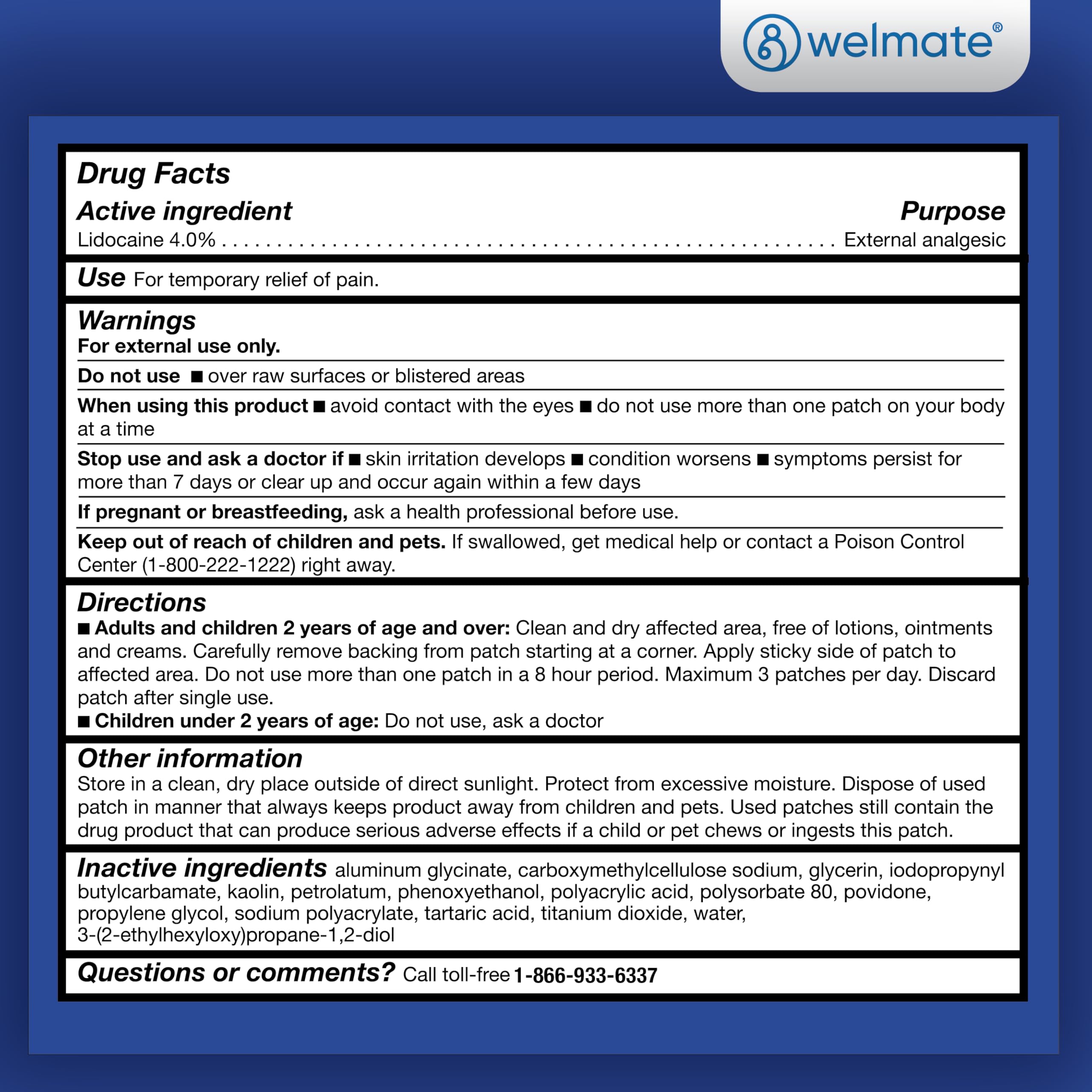 WELMATE - 4% Lidocaine Numbing Patch - Maximum Strength - Temporary Relief of Pain, Back, Neck, Shoulders, Knees, Elbows, Minor Skin Irritations - Topical Analgesic Unscented - 30 ct WELMATE buy supplements canada