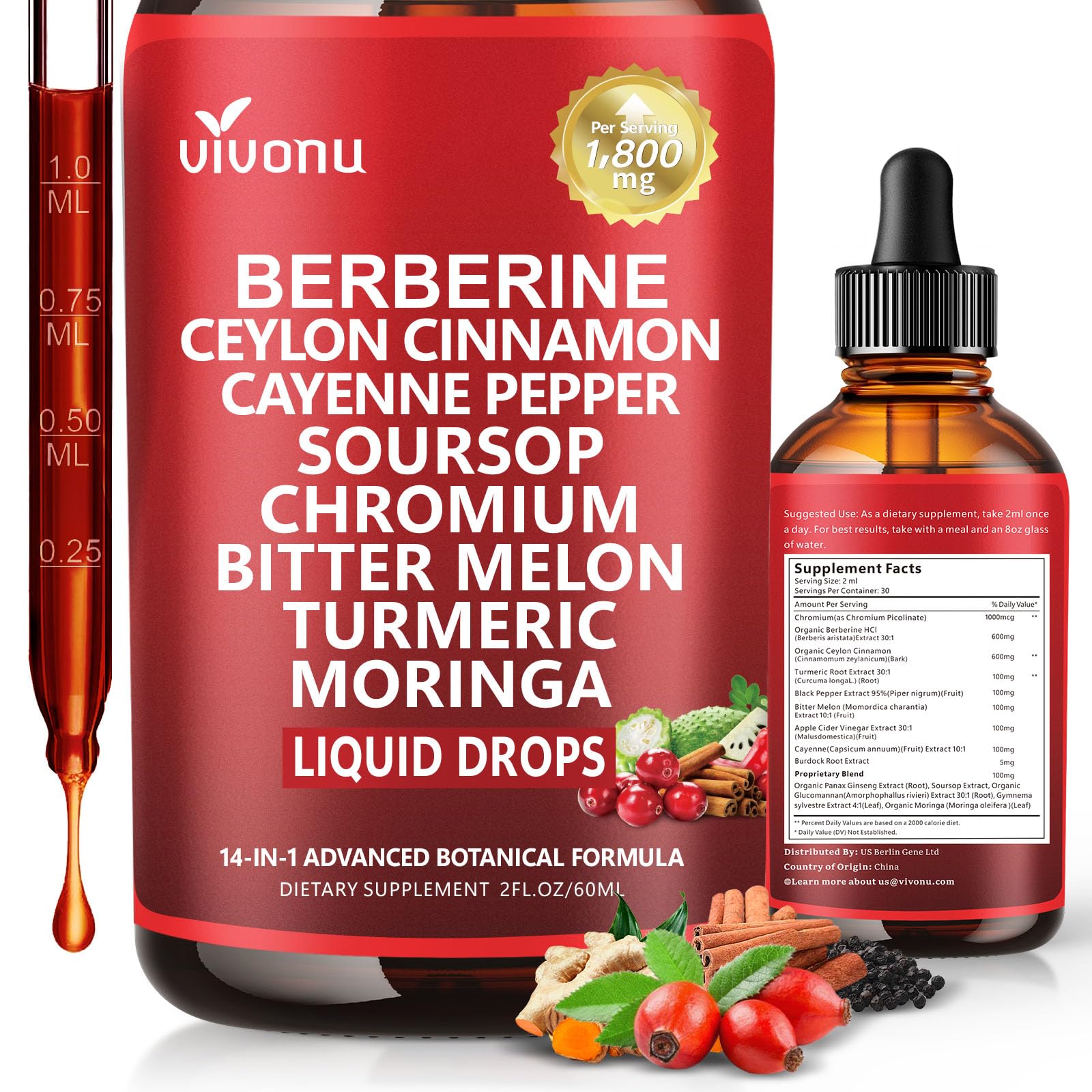 14-in-1 Berberine with Ceylon Cinnamon Supplement Liquid Drops, 1800mg + 30:1 Liposomal Tech with Cayenne Pepper, Soursop, Chromium, Bitter Melon, Turmeric, Moringa, Gymnema VivoNu buy supplements canada