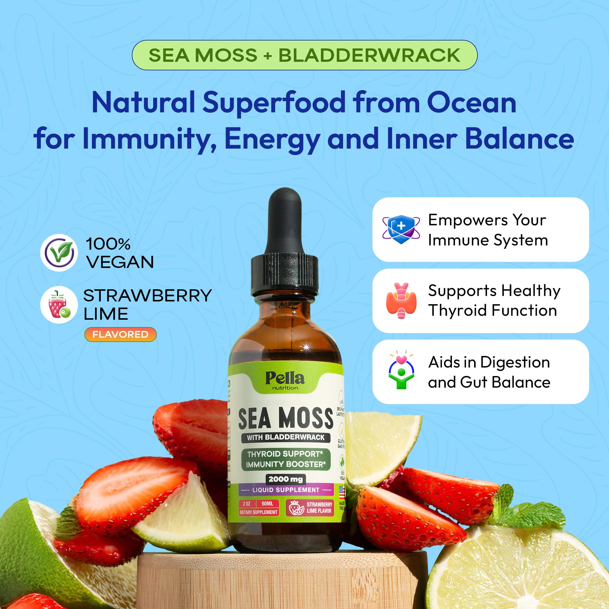 Pella Nutrition Sea Moss Drops with Bladderwrack – 4X Faster Absorption Than Irish Sea Moss Gel Superfood, Gummies, and Capsules – Digestive & Immune Support Supplement (Strawberry Lime, 60mL) Pella Nutrition buy supplements canada