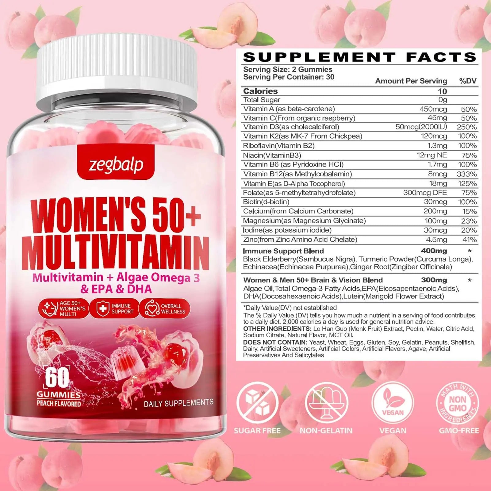ZEGBALP Sugar-Free Womens Multivitamin 50 Plus Gummies with Calcium, Magnesium, Zinc, Vitamin A, C, D3, E, K2, B Complex, Folate, Biotin ZEGBALP buy supplements canada