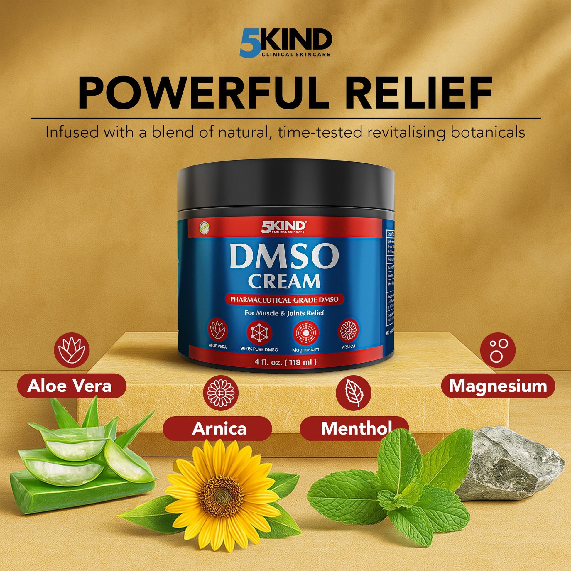 5Kind DMSO Cream for Pain Relief 4 fl oz - 99.9% Pure DMSO Pharmaceutical Grade Cream - Aloe Vera, Magnesium, Arnica & Menthol - Topical Muscle and Joint Pain Relief - Registered NDC - Made in USA 5kind clinical skincare buy supplements canada
