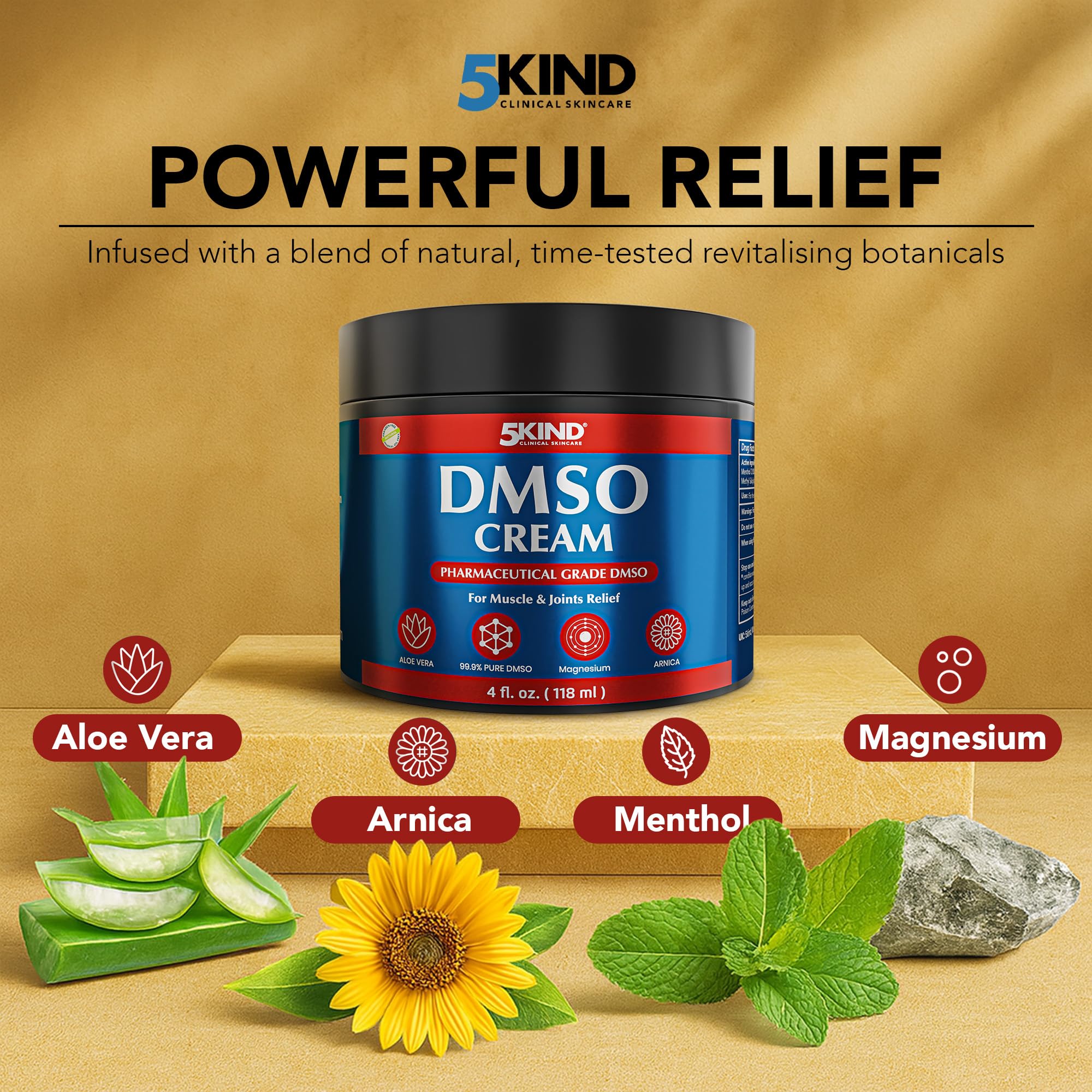 5Kind DMSO Cream for Pain Relief 4 fl oz - 99.9% Pure DMSO Pharmaceutical Grade Cream - Aloe Vera, Magnesium, Arnica & Menthol - Topical Muscle and Joint Pain Relief - Registered NDC - Made in USA 5kind clinical skincare buy supplements canada