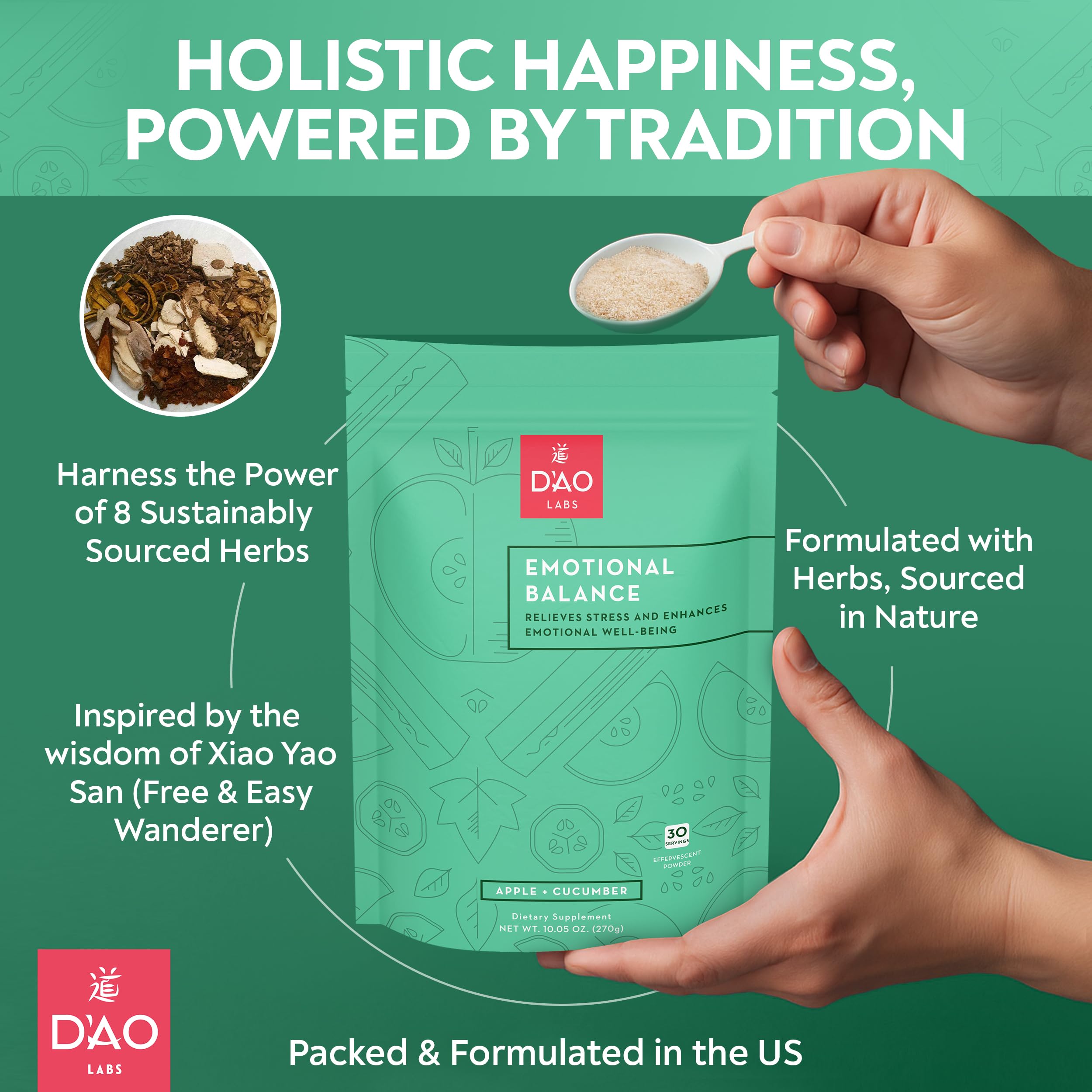 D'AO Labs Emotional Balance - Emotional Balance Powder - Calm & Stress Relief - Effervescent Powder with Apple-Cucumber Flavor - Xiao Yao San Traditional Chinese Herbal - 30 Individual Servings DAO Labs buy supplements canada
