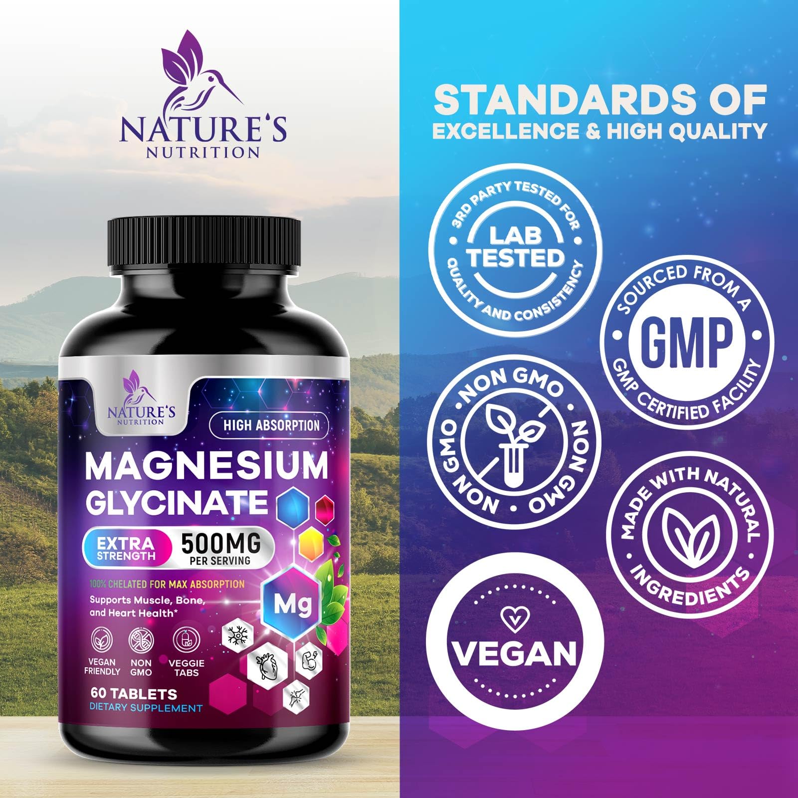 Magnesium Glycinate Supplement - 500mg Magnesium Per Serving - 100% Chelated & Purified - Supports Sleep, Heart Health, & Muscle Strength - Best Absorption Magnesium, Bottled in USA - 60 Tablets Nature's Nutrition buy supplements canada