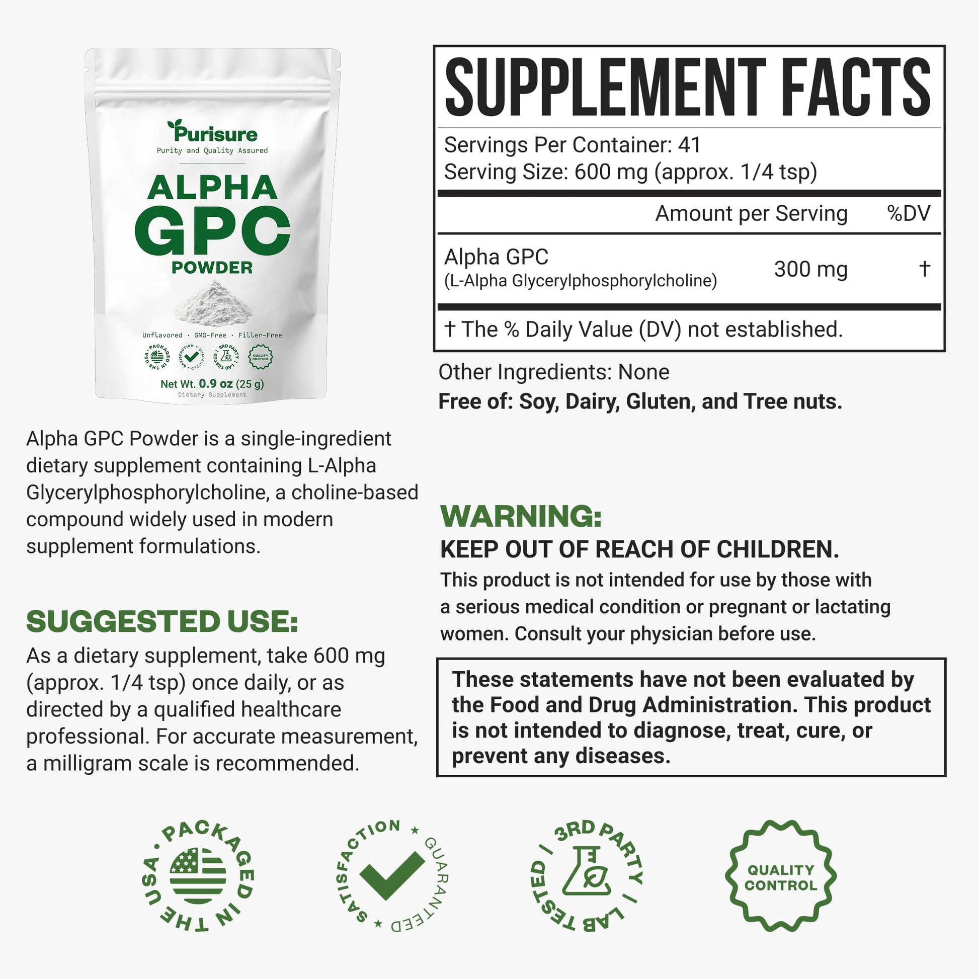 Purisure Alpha GPC Powder, 25 g, Pure Alpha GPC Choline Supplement for Brain and Focus, CDP Choline Supplements for Memory Performance & Concentration, No Fillers, Non-GMO, Offers 41 Servings Purisure buy supplements canada